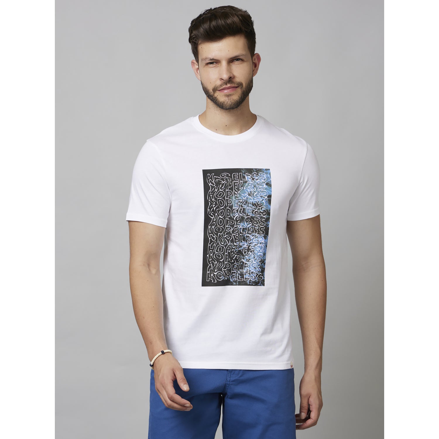 White Graphic Printed Short Sleeve Cotton T-Shirts (DEHOPE)