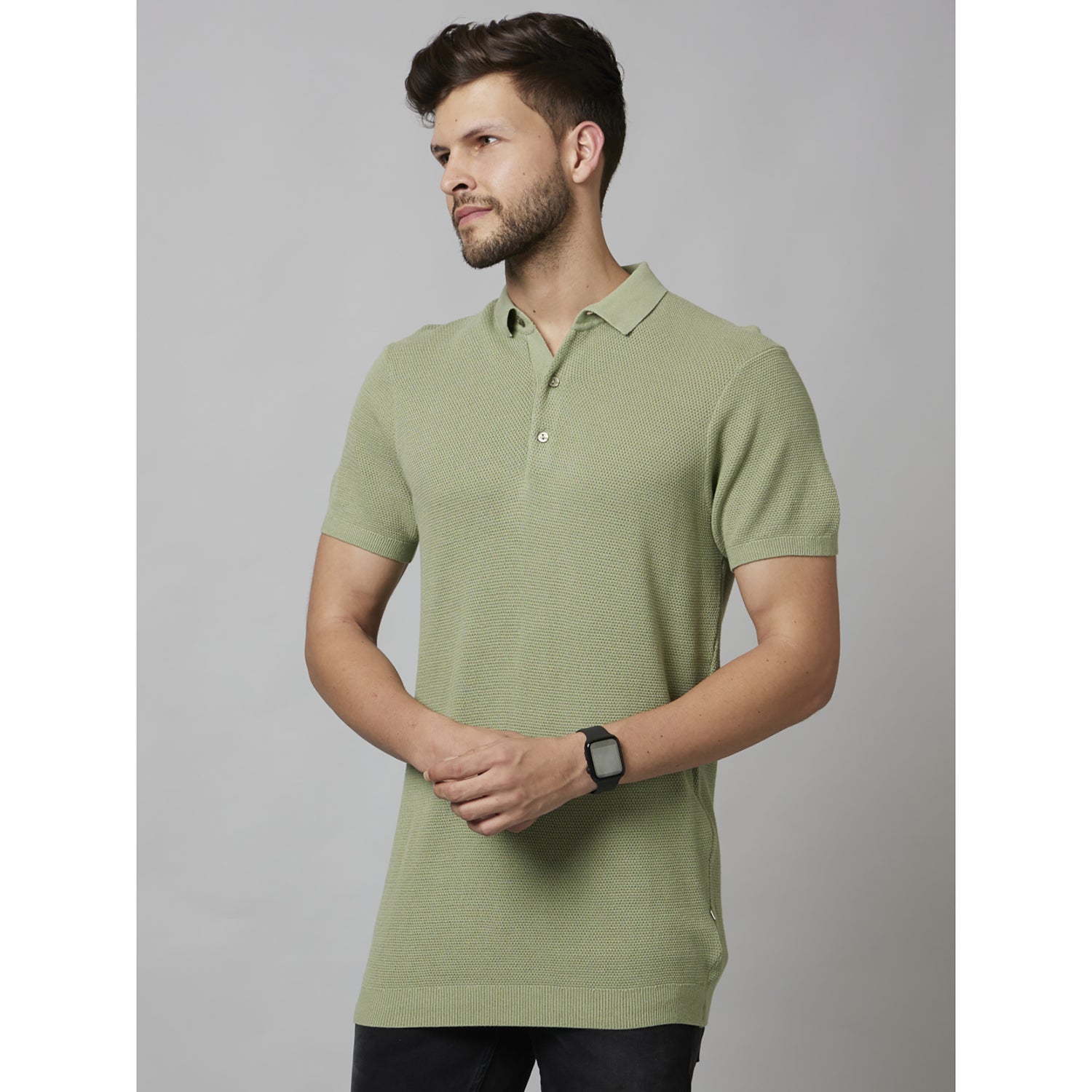 Light Green Textured Short Sleeve Cotton T-Shirts (DEMASSI2)
