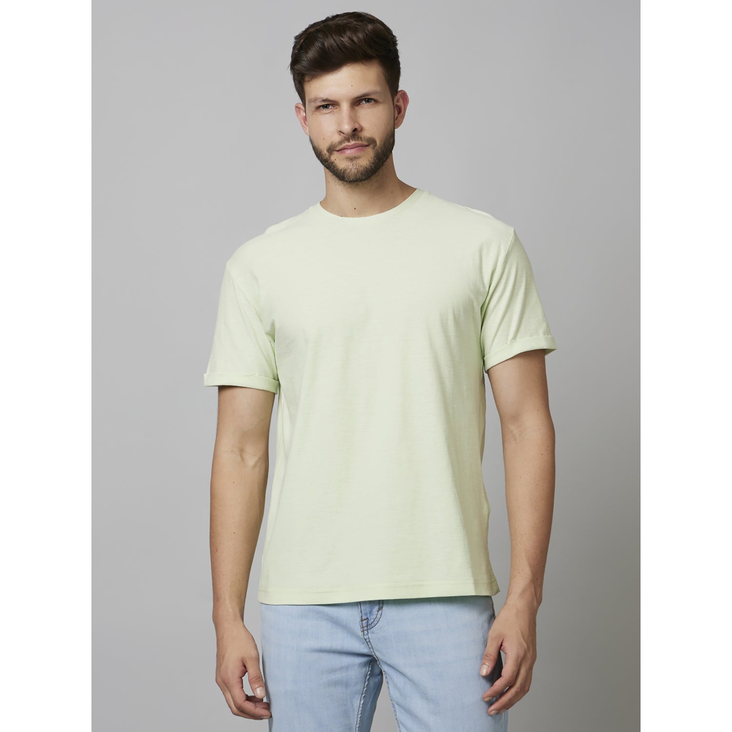 Green Solid Short Sleeve Cotton T-Shirts (FECOLA)