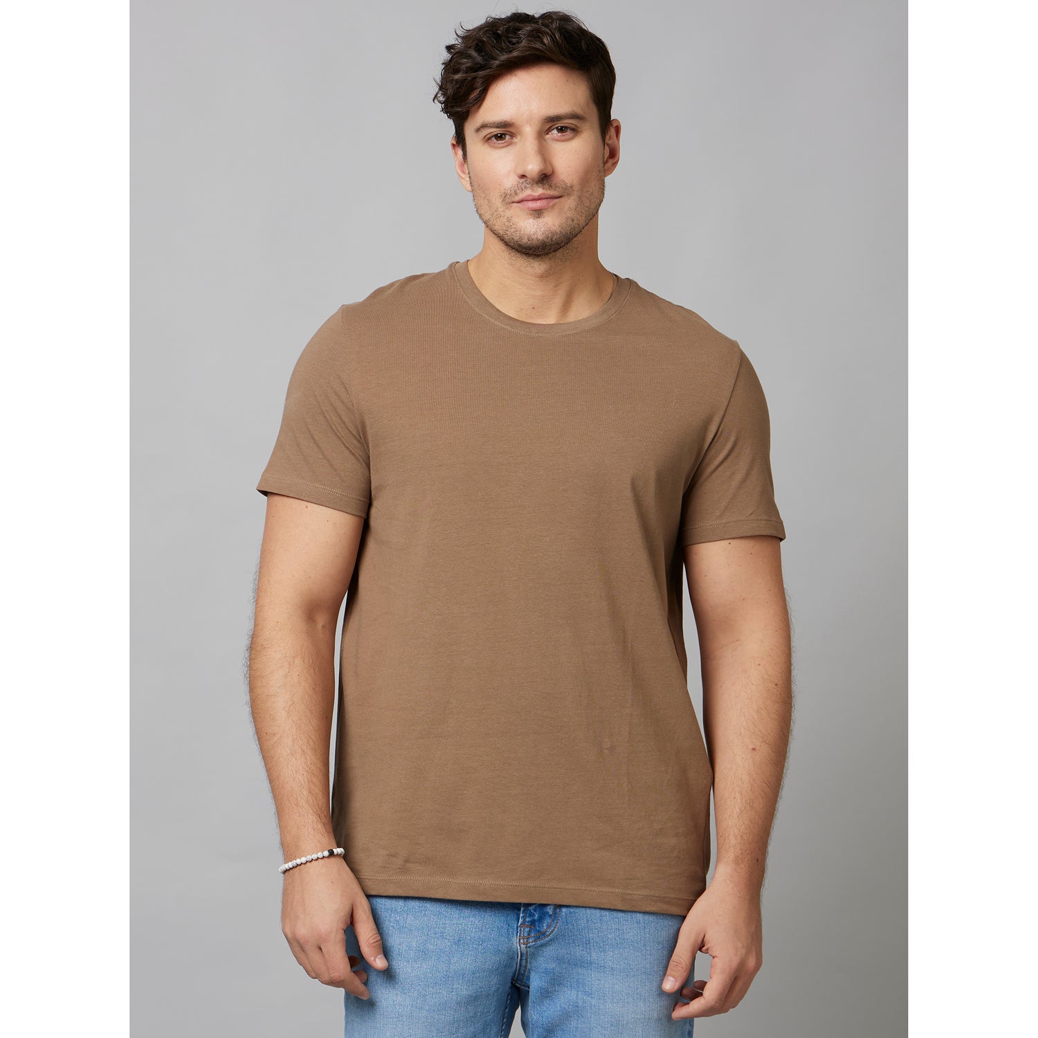Brown Solid Short Sleeve Cotton T-Shirts (TEBASE1)
