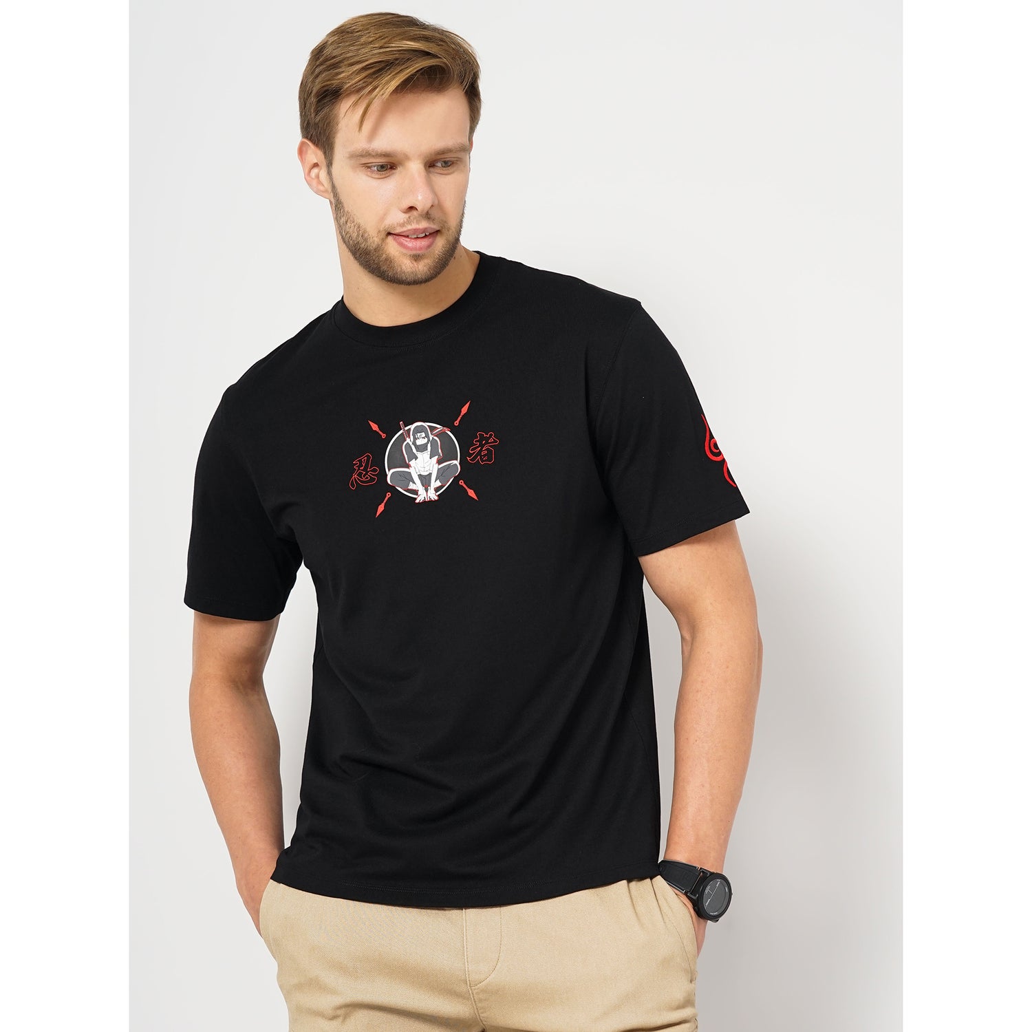 Naruto - Black Printed Round Neck Cotton T-shirt