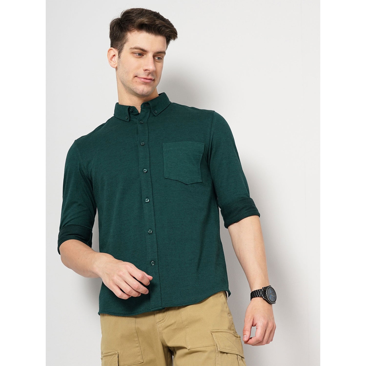 Dark Green Solid Cotton Shirt