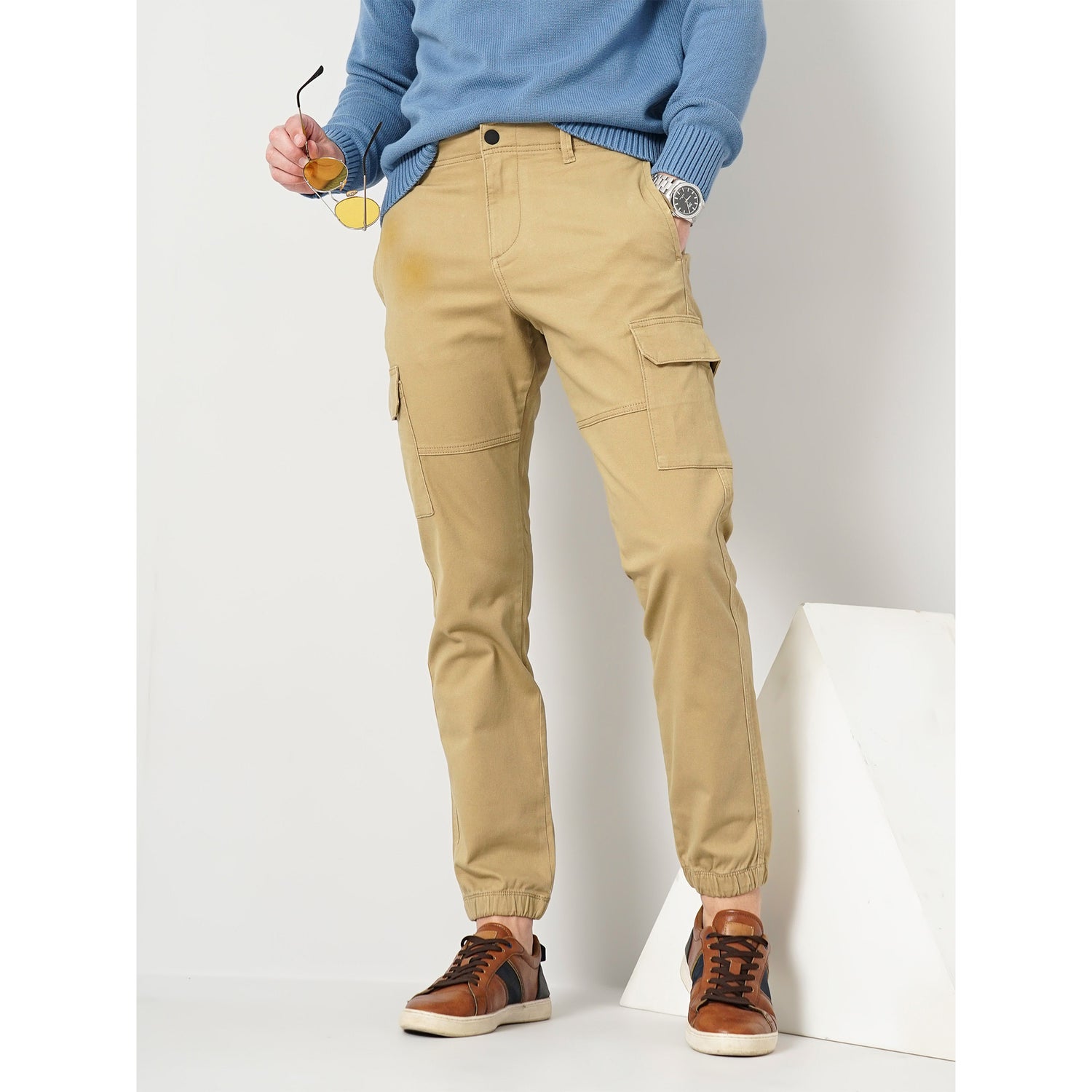Khaki Solid Cotton Blend Trousers