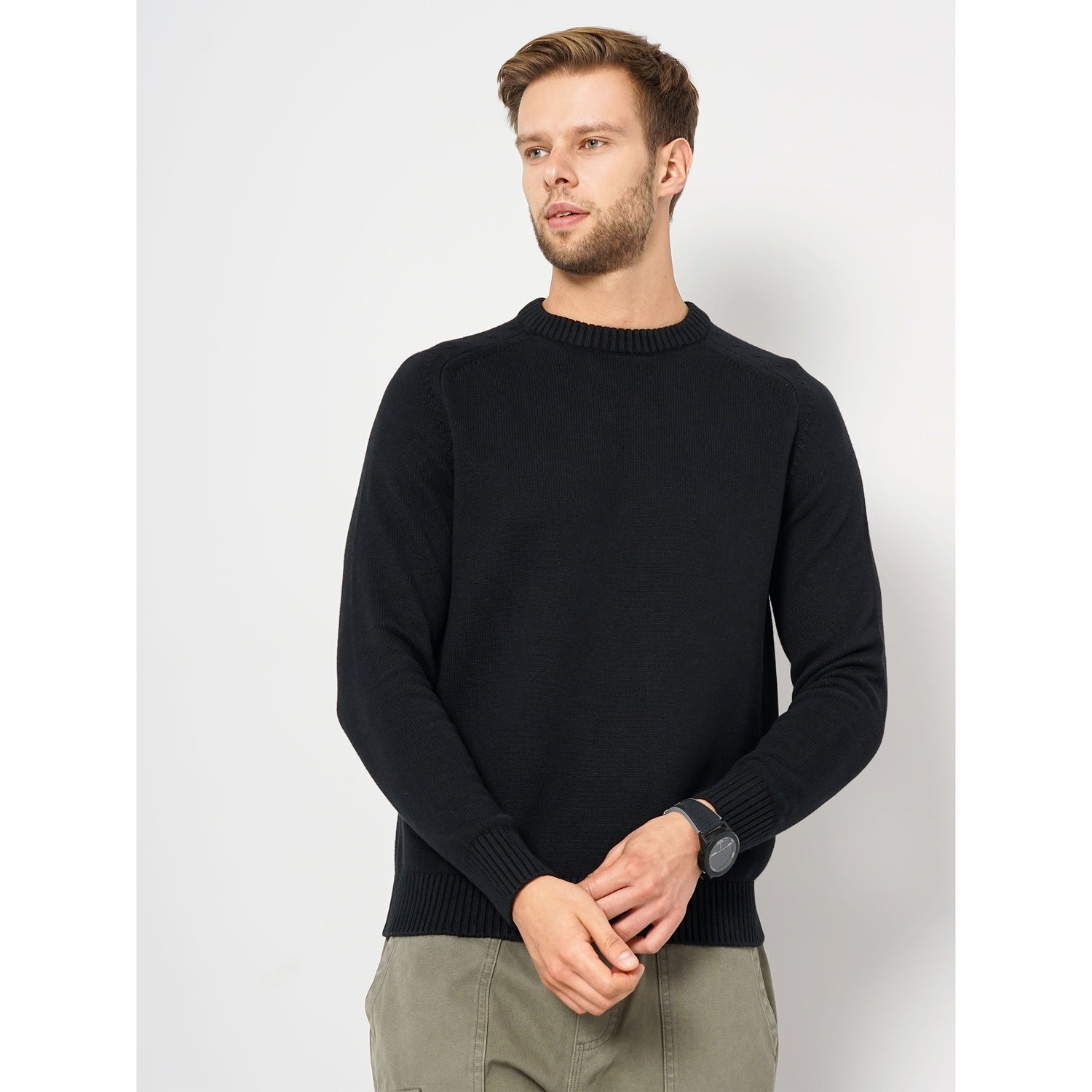 Black Solid Cotton Sweaters