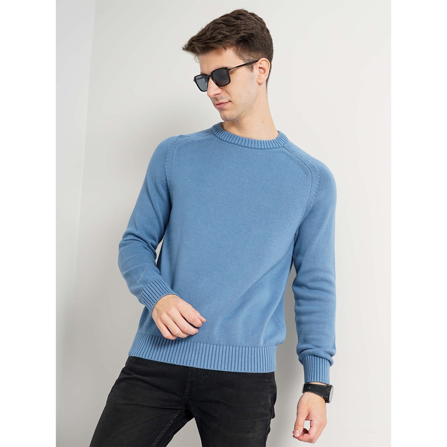 Blue Solid Cotton Sweaters