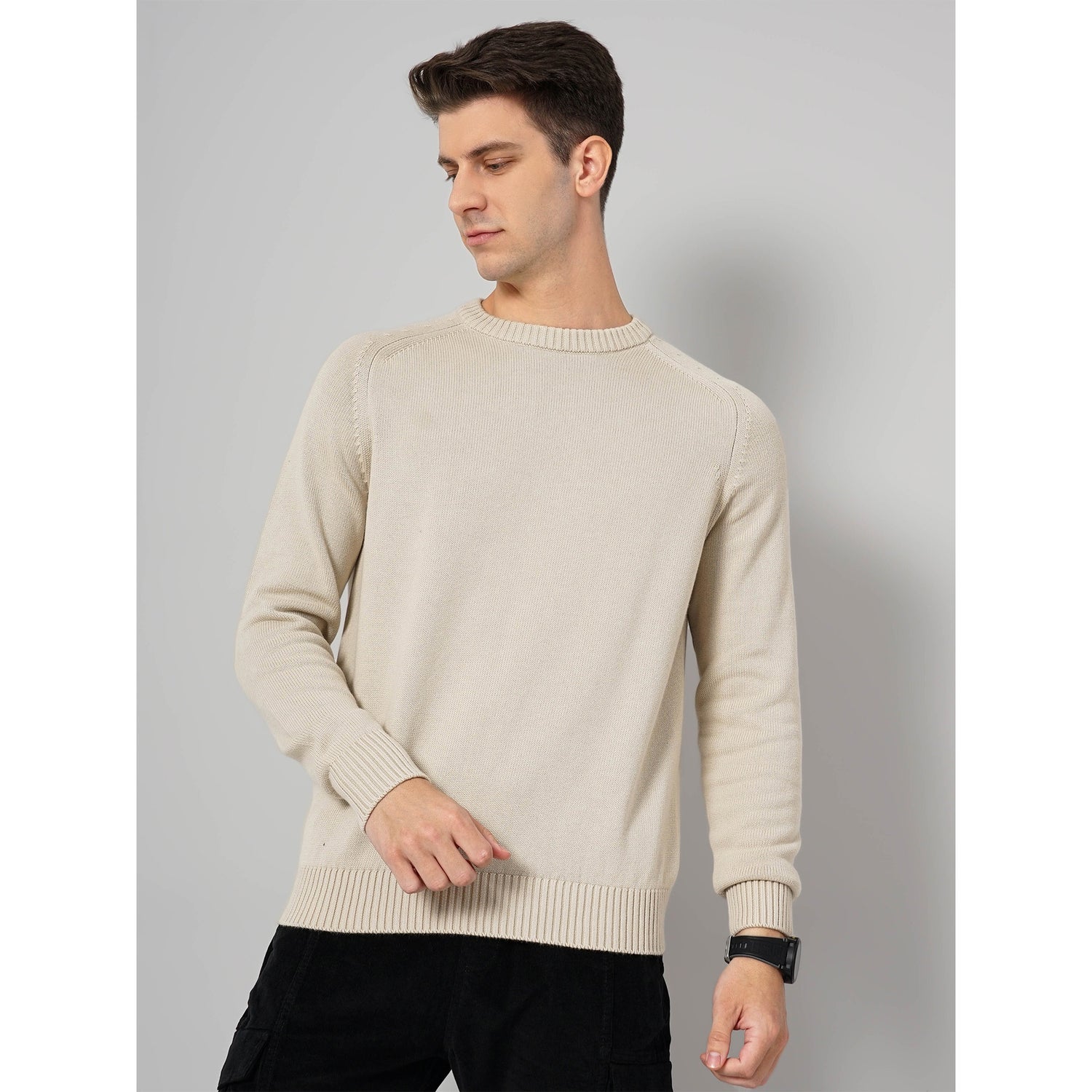 Beige Solid Cotton Sweaters