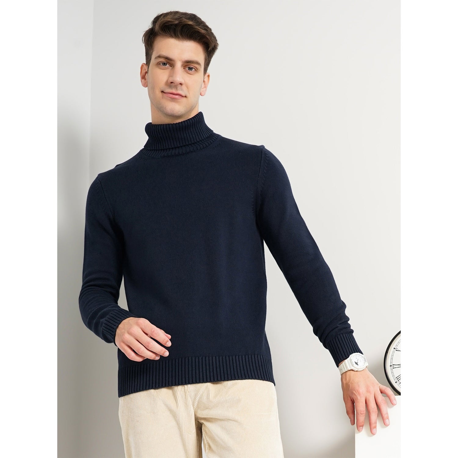 Navy Solid Cotton Sweaters