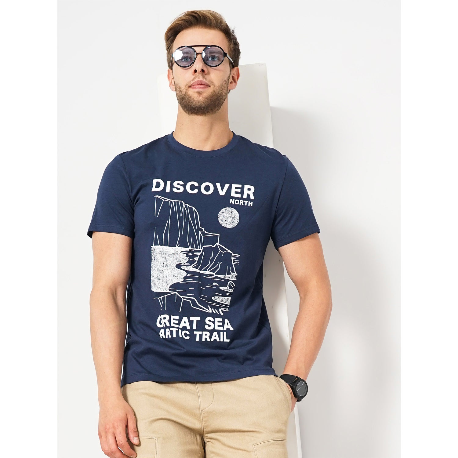 Navy Graphic Printed Cotton T-shirt