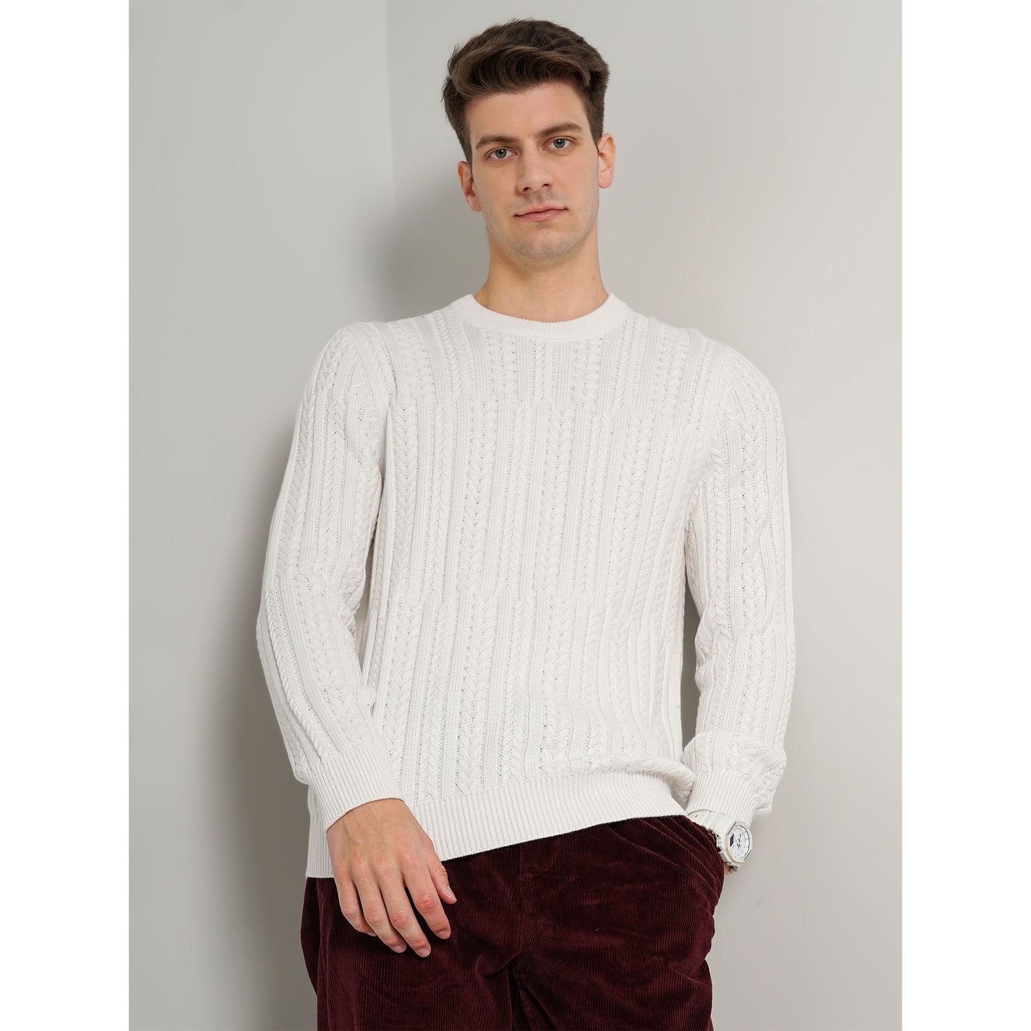 Off White Textured Cotton Blend Sweaters