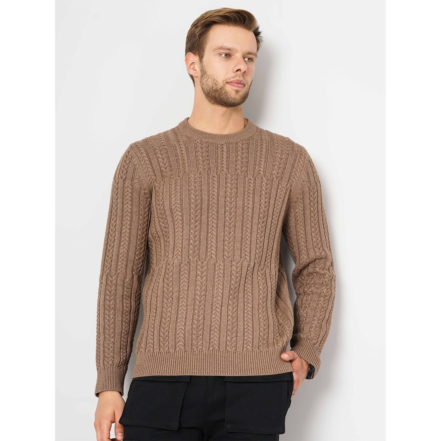 Brown Solid Cotton Blend Sweaters