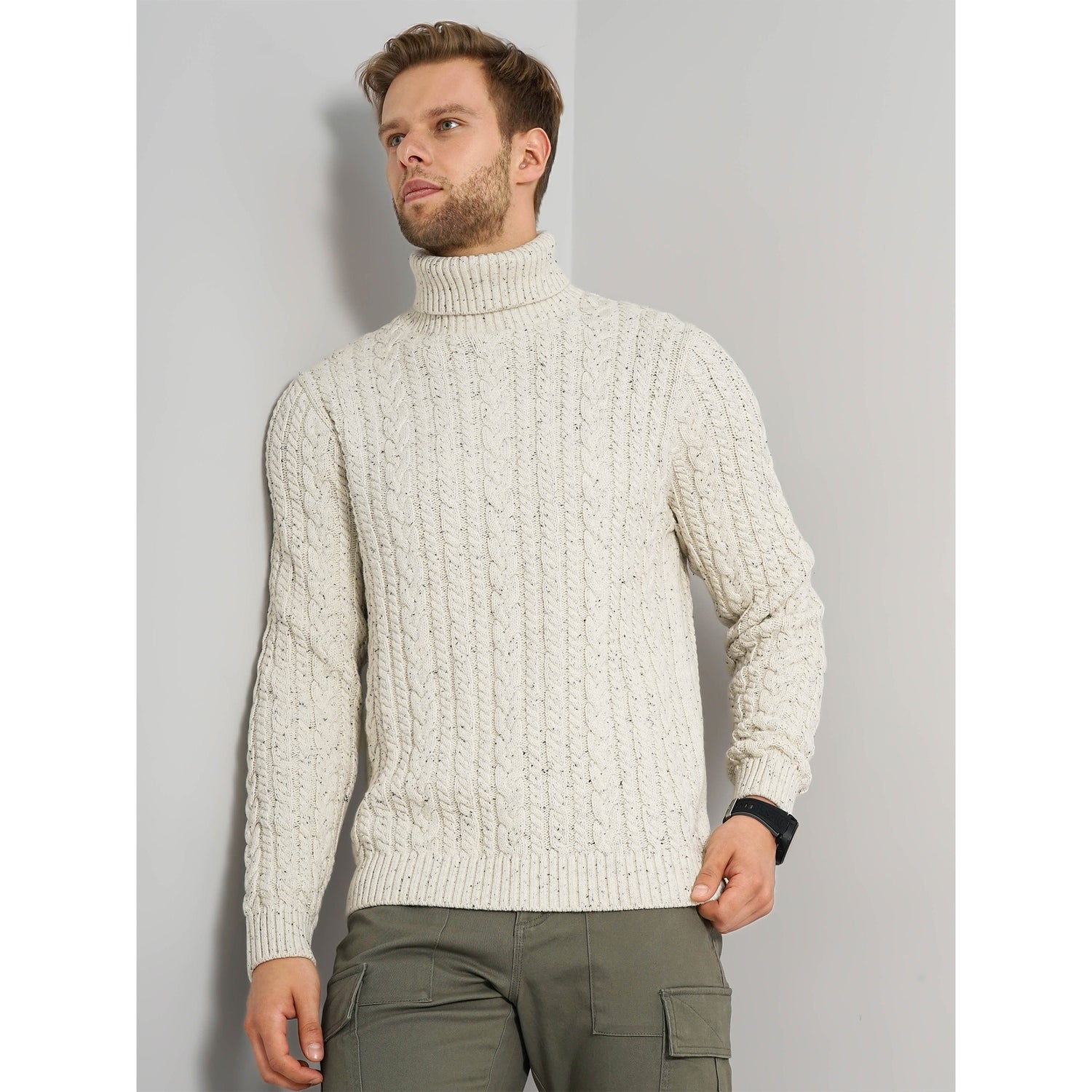 Beige Solid Cotton Blend Sweaters