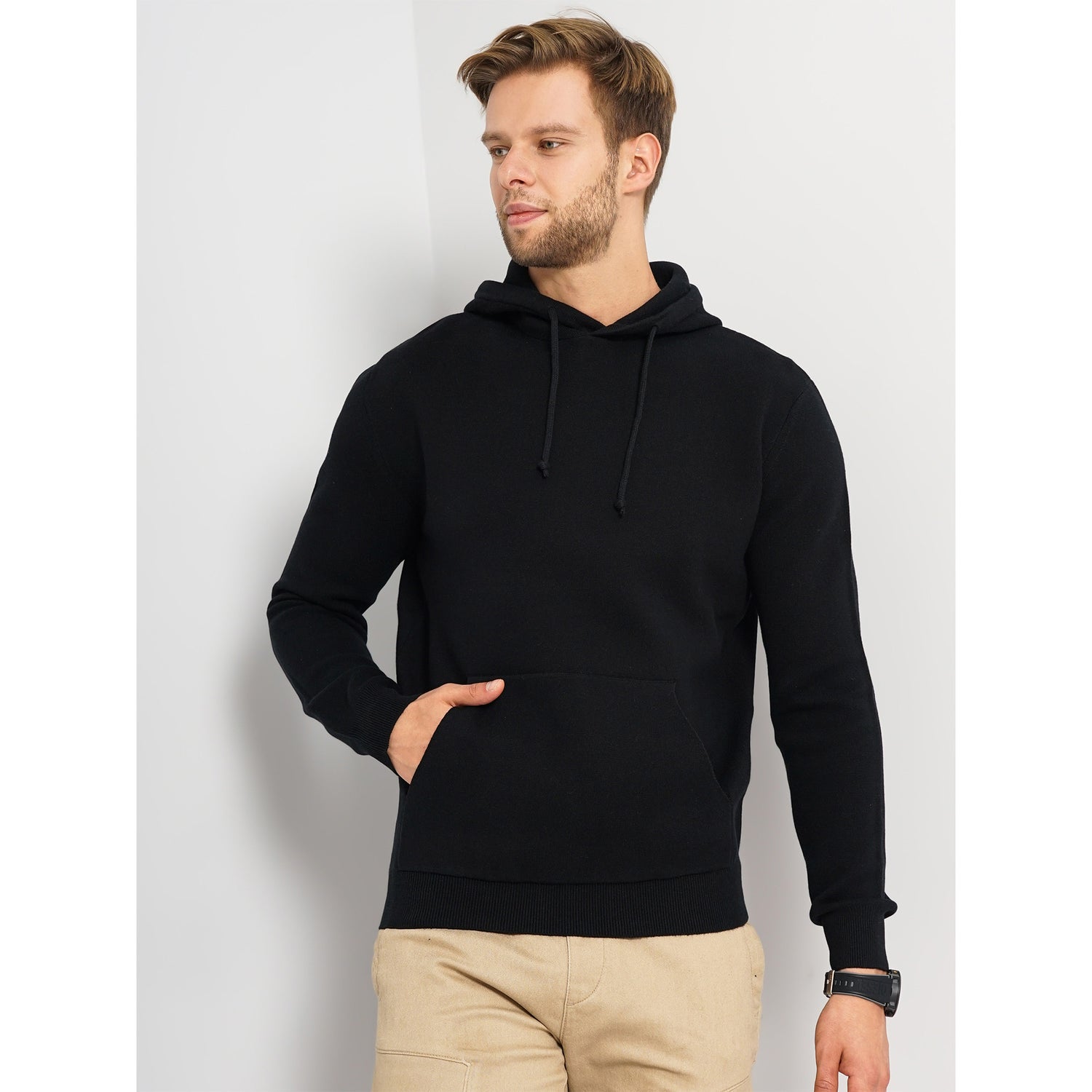 Black Solid Cotton Blend Sweaters