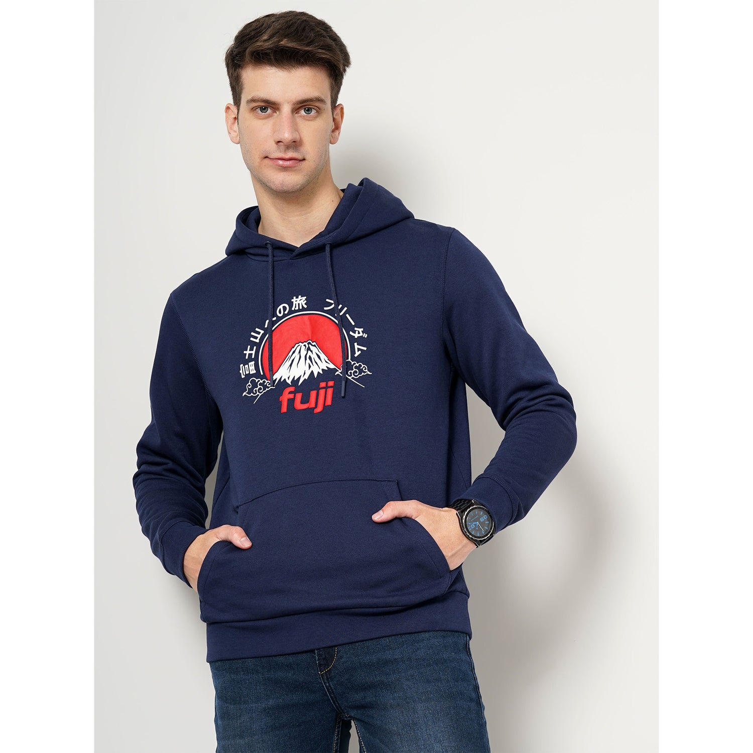 Navy Graphic Printed Cotton Blend SweaT-shirts