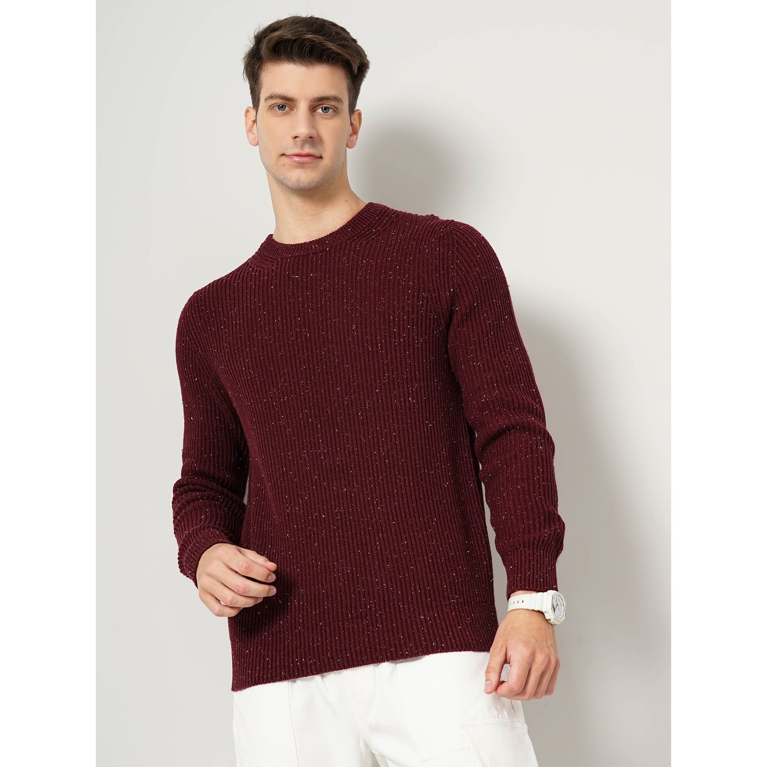 Maroon Textured Cotton Blend Sweaters