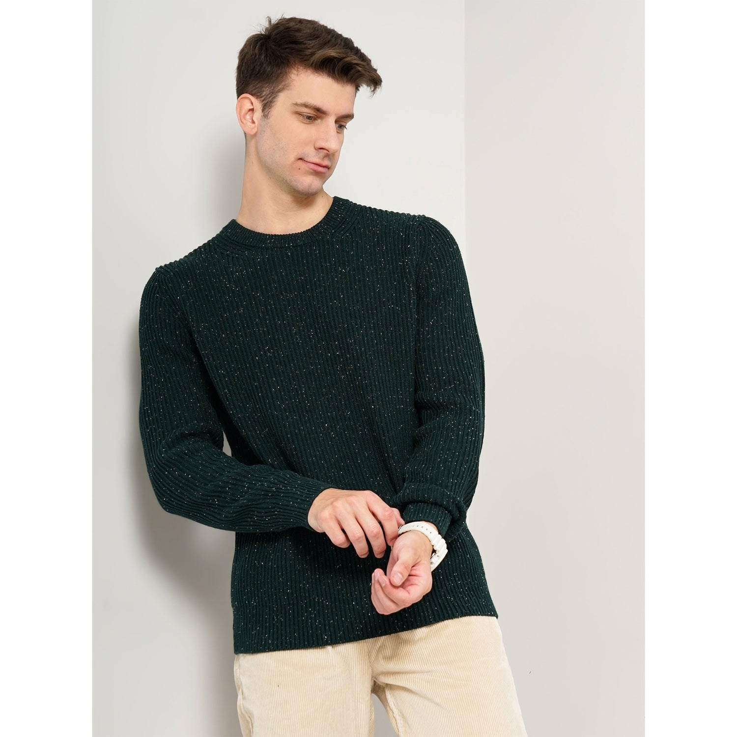 Dark Green Textured Cotton Blend Sweaters