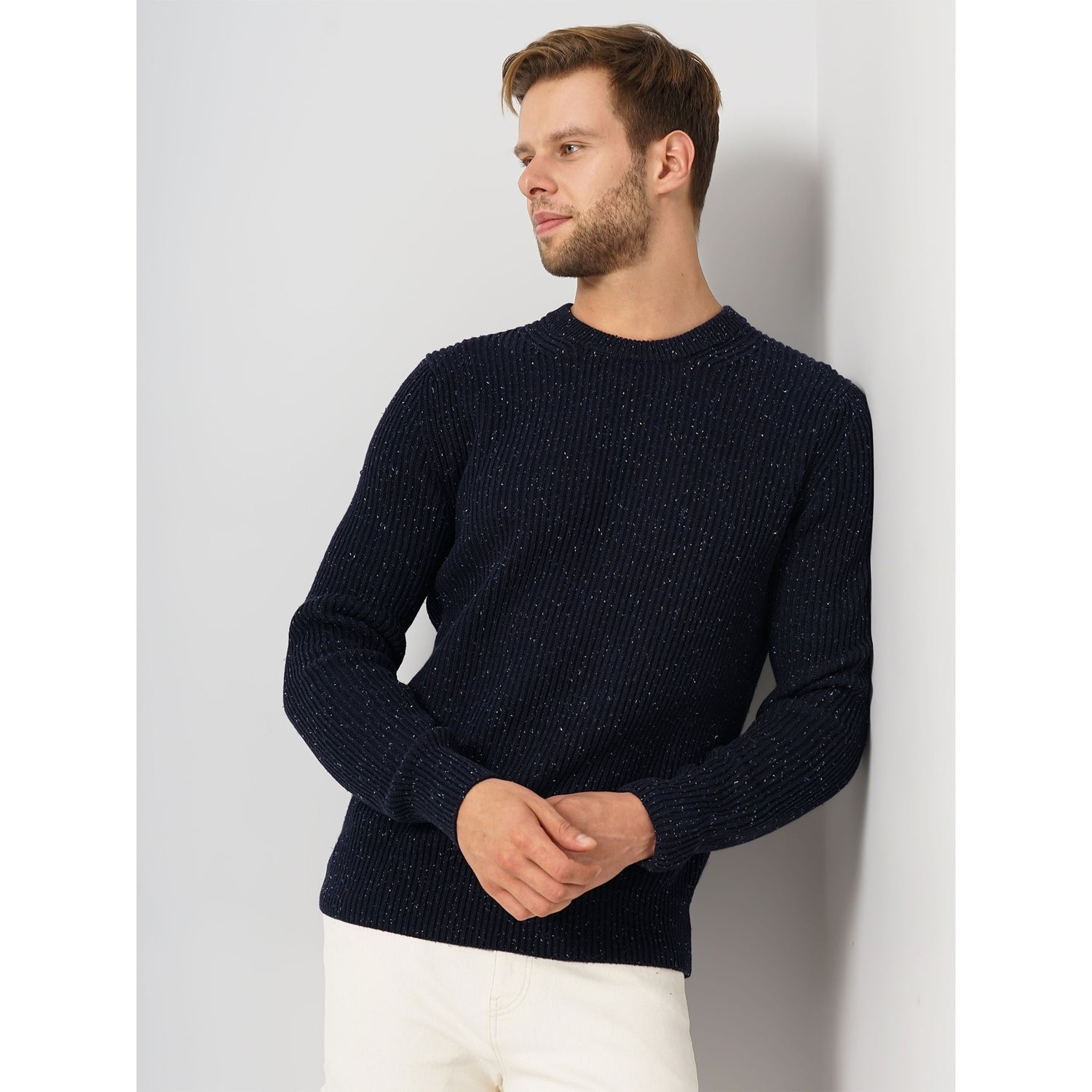 Navy Textured Cotton Blend Sweaters