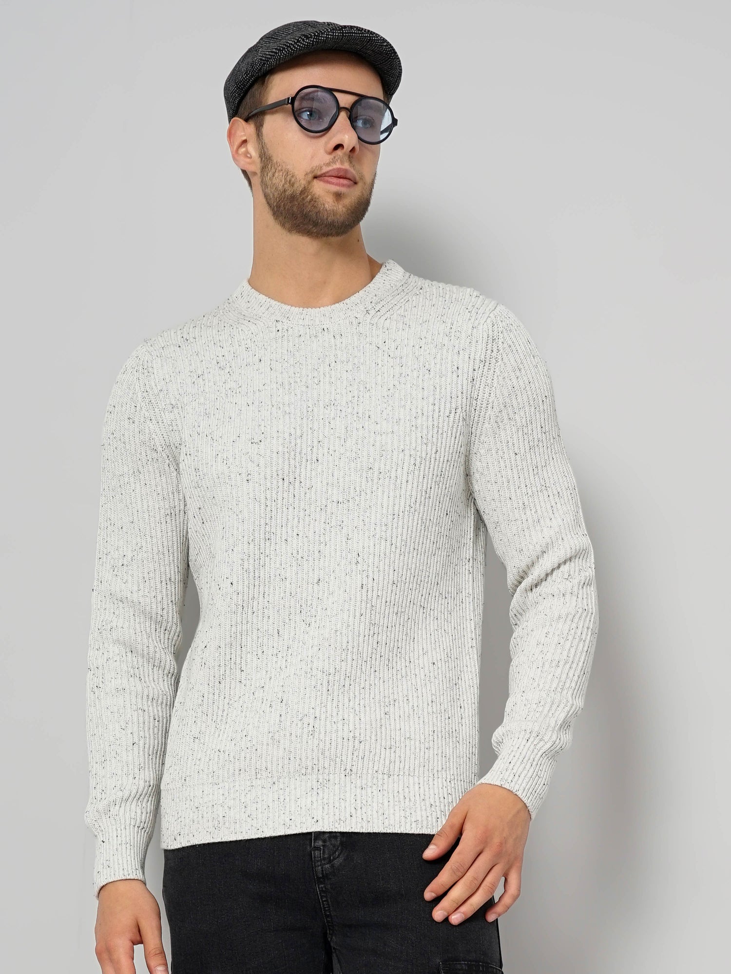 White Textured Cotton Blend Sweaters
