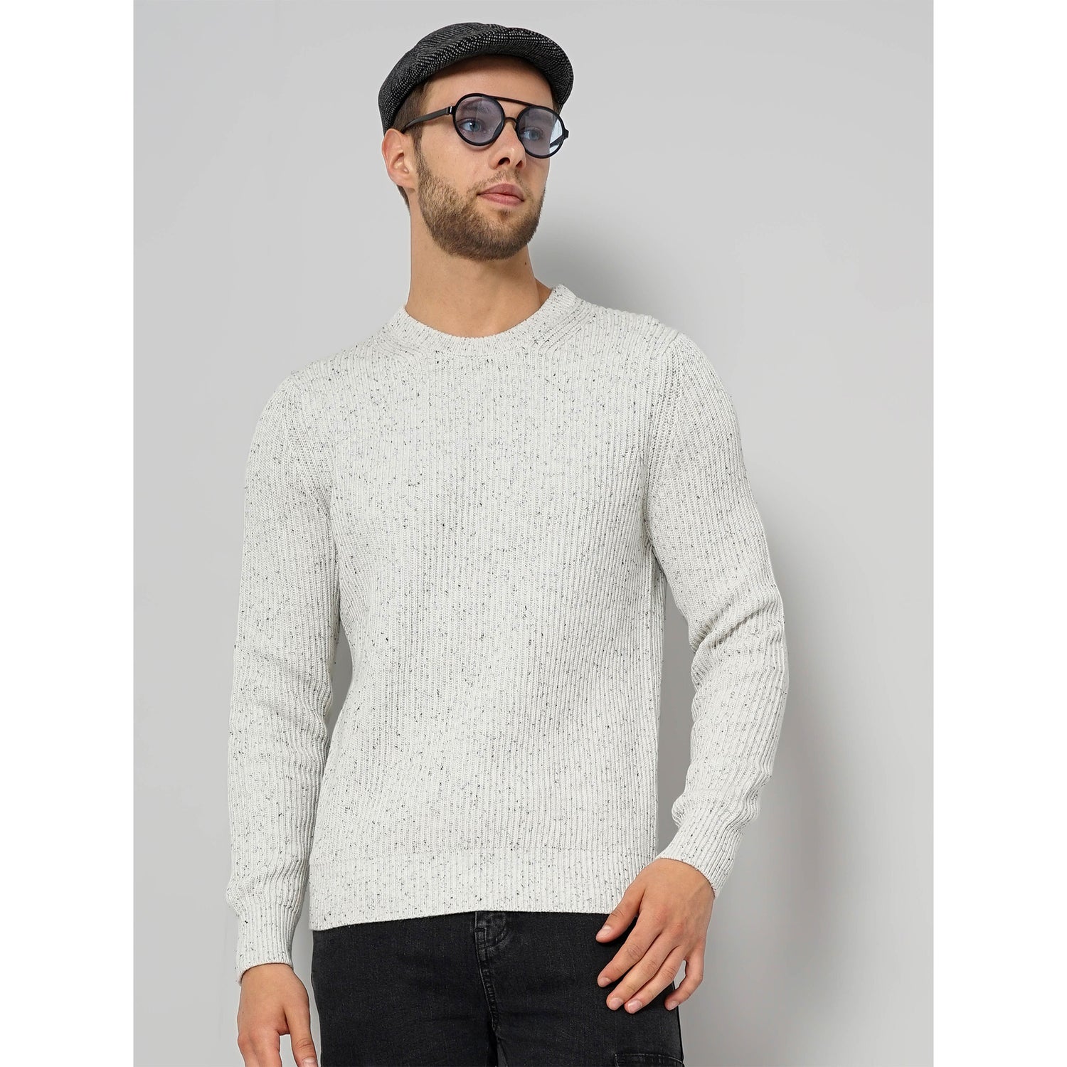 White Textured Cotton Blend Sweaters