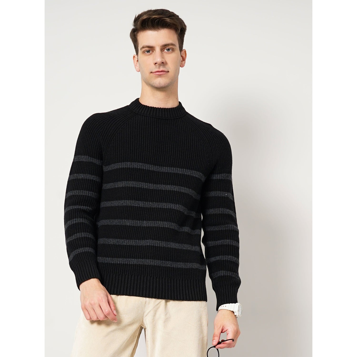 Black Striped Cotton Blend Sweaters