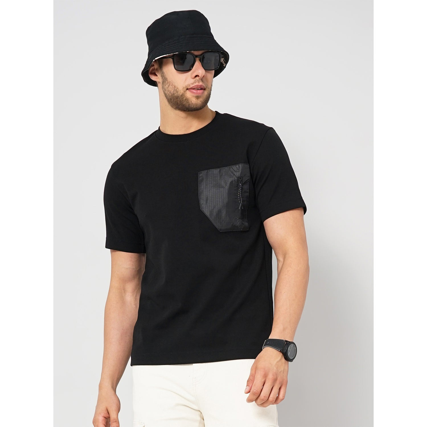 Black Solid Cotton Blend T-shirt