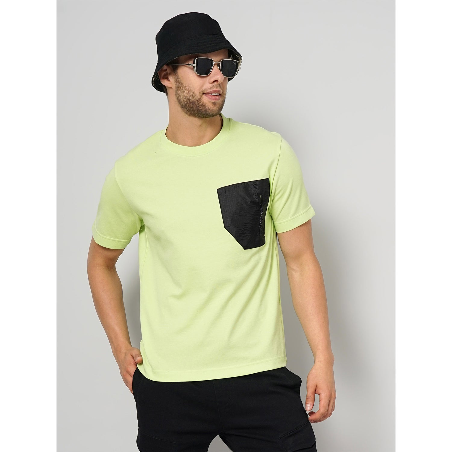 Light Green Solid Cotton Blend T-shirt