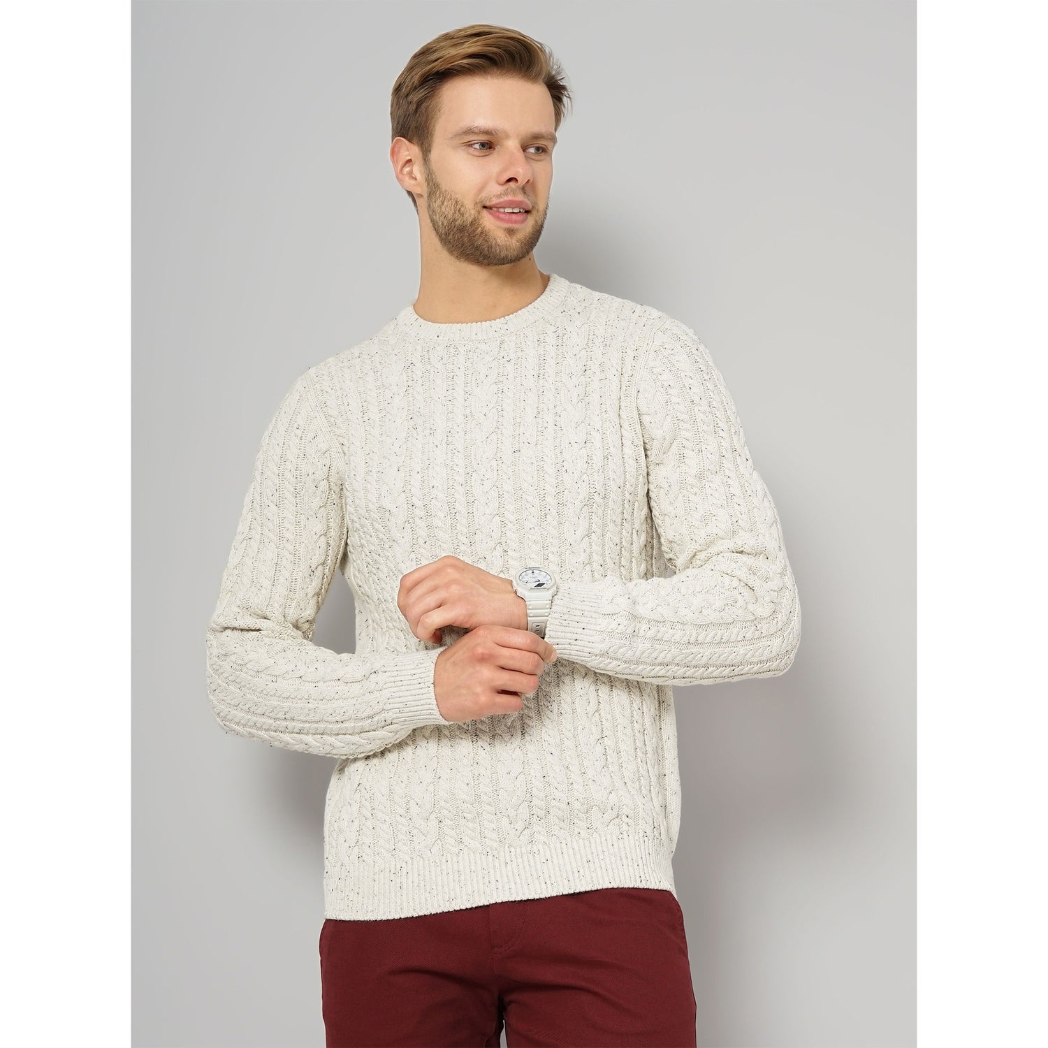 Cream Solid Cotton Blend Sweaters