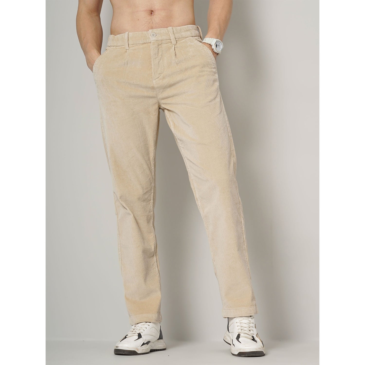 Beige Solid Cotton Blend Trousers