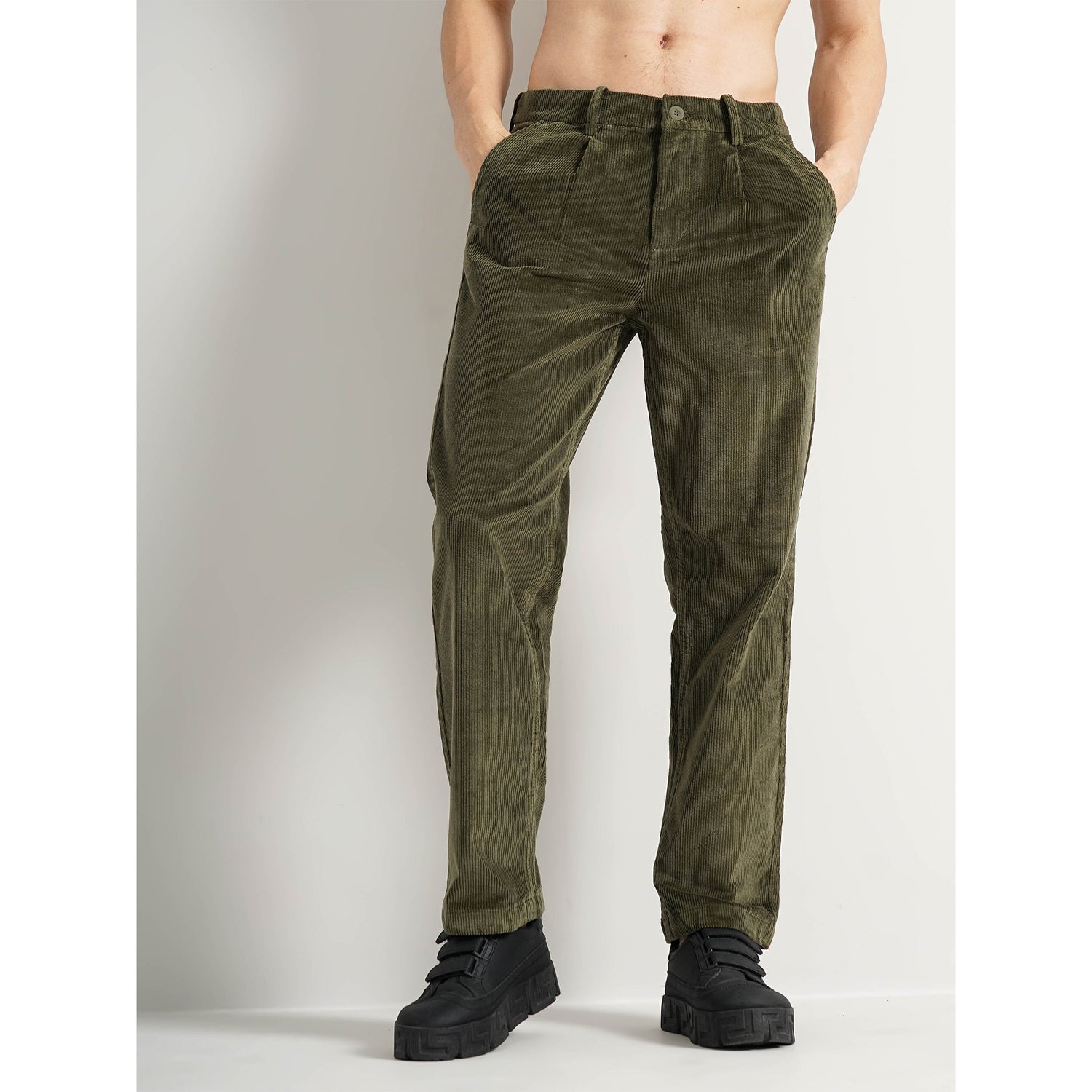 Olive Solid Cotton Blend Trousers