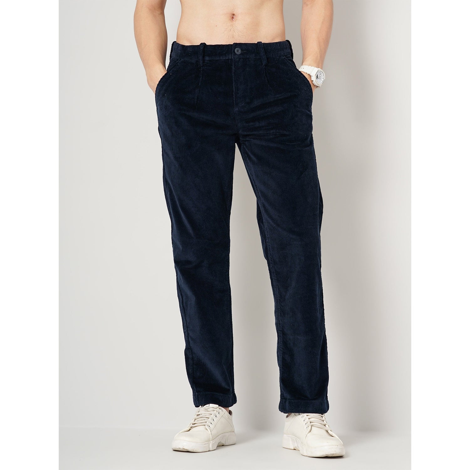 Navy Solid Cotton Trousers