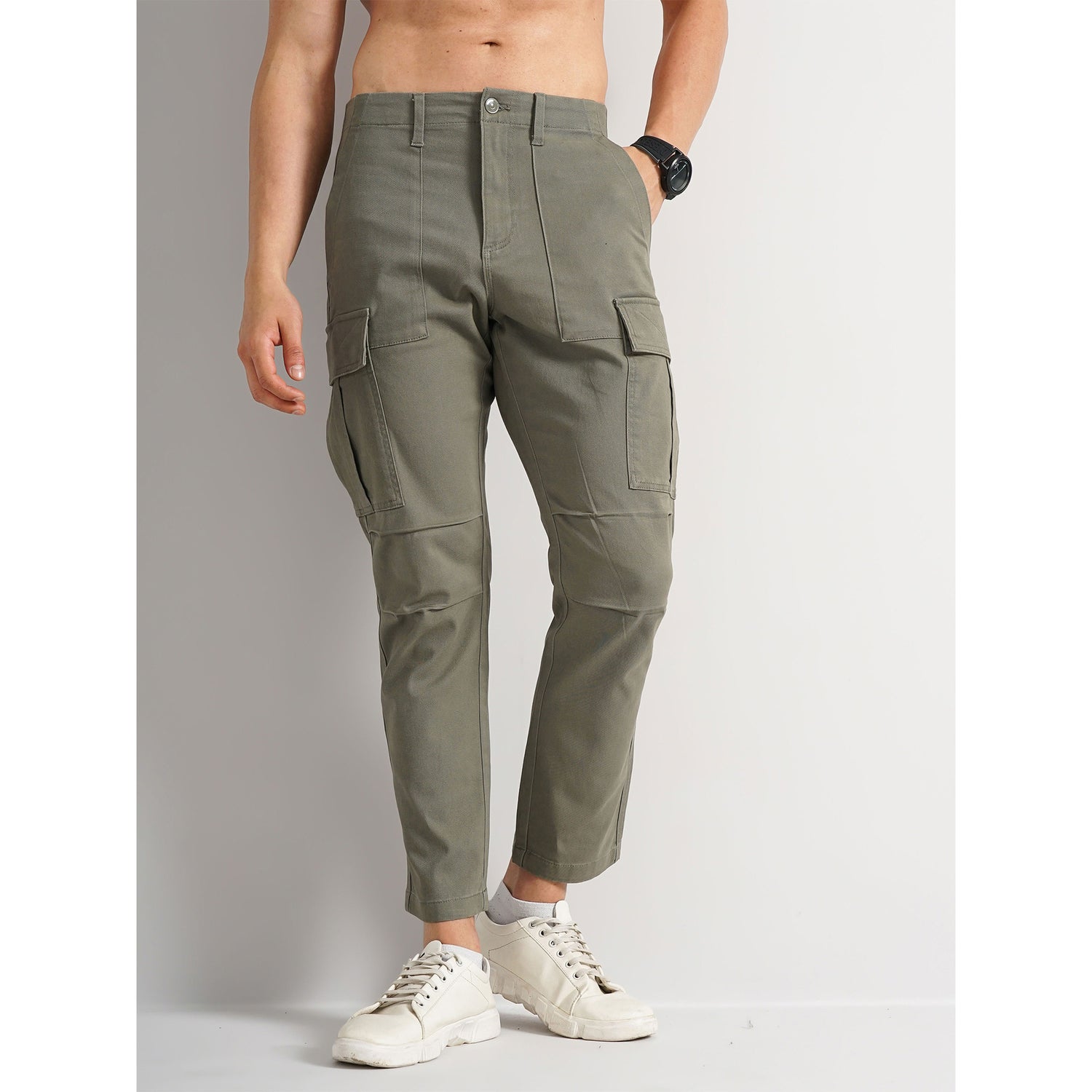 Olive Solid Cotton Trousers