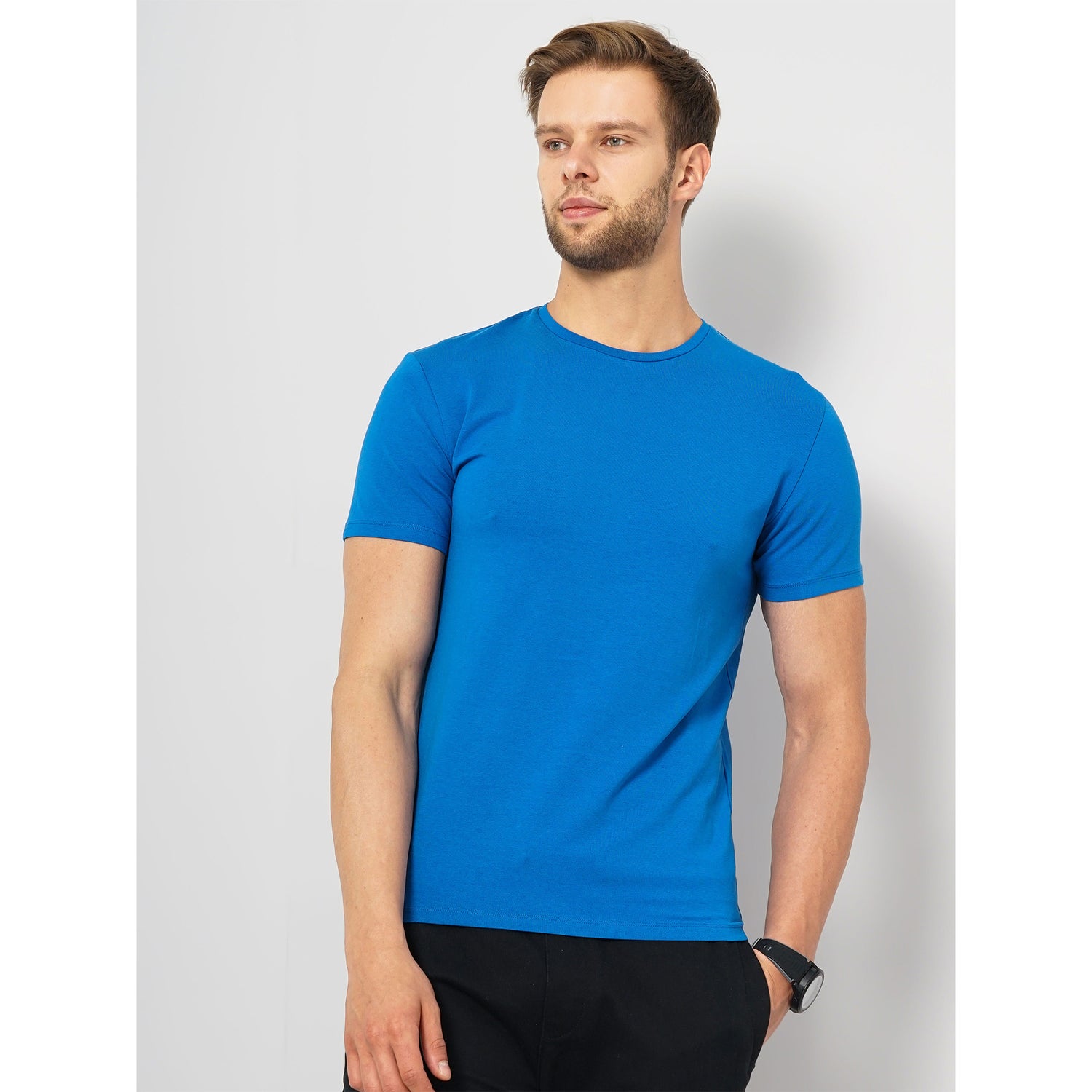 Blue Solid Cotton Blend T-shirt