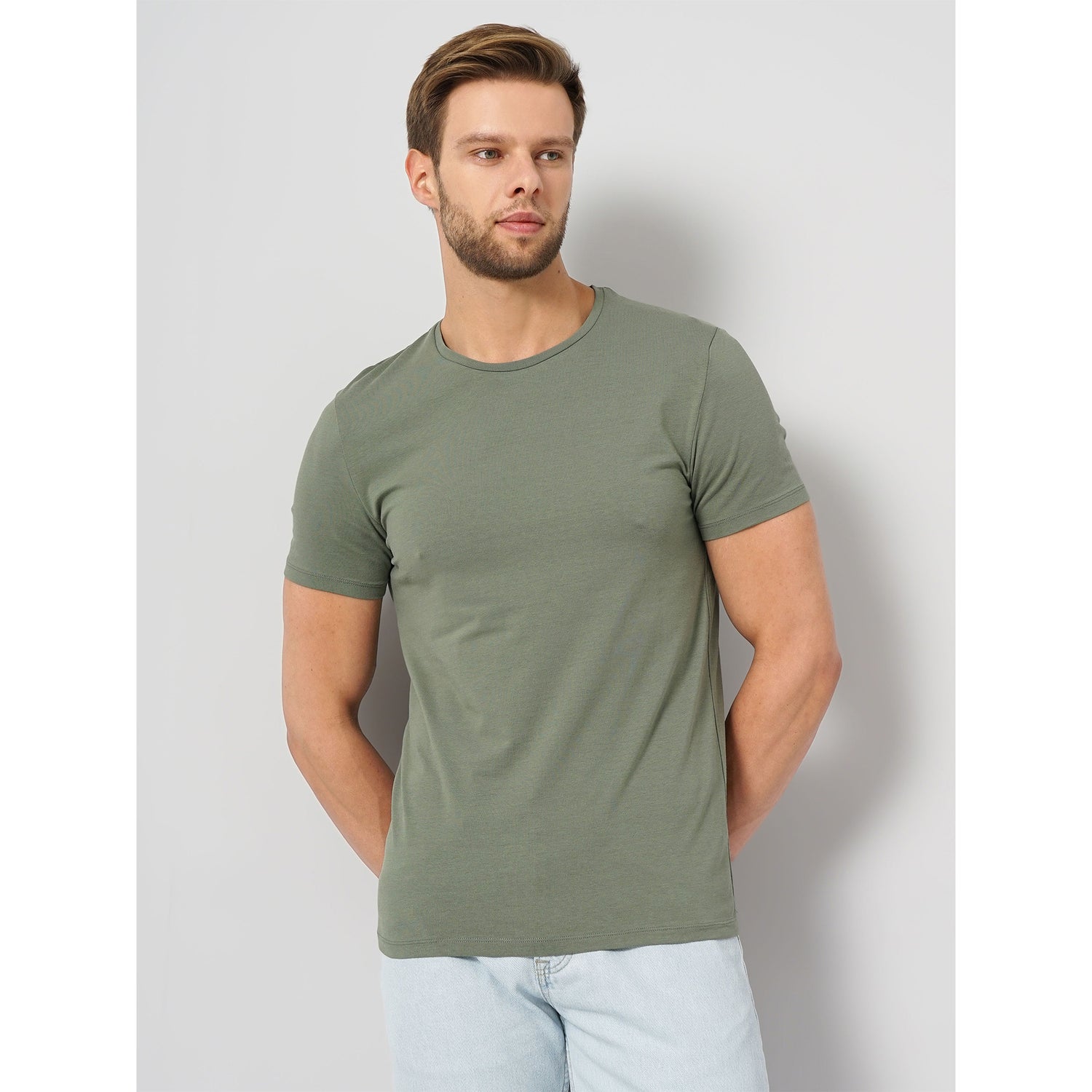 Olive Solid Cotton Blend T-shirt