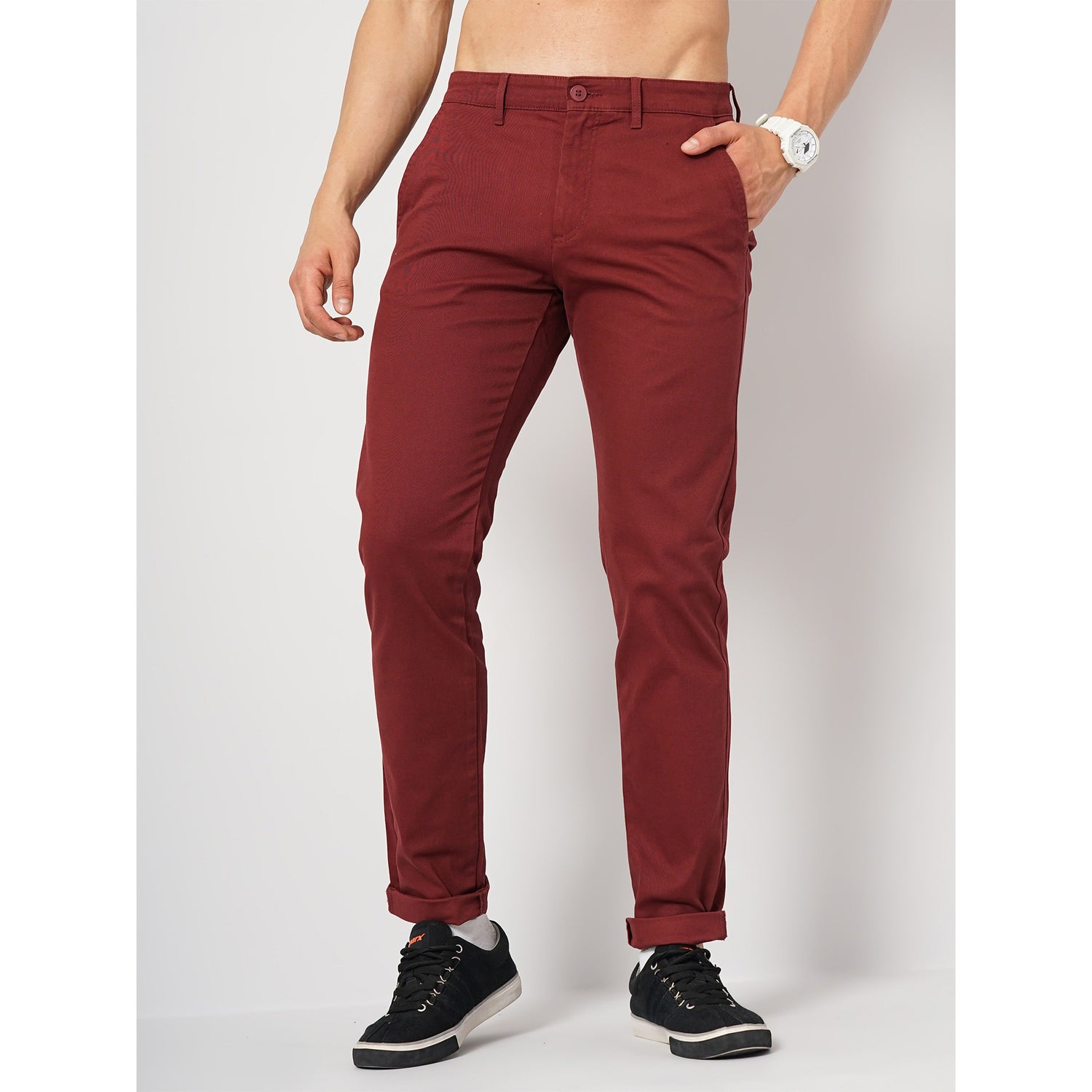Maroon Solid Cotton Trousers