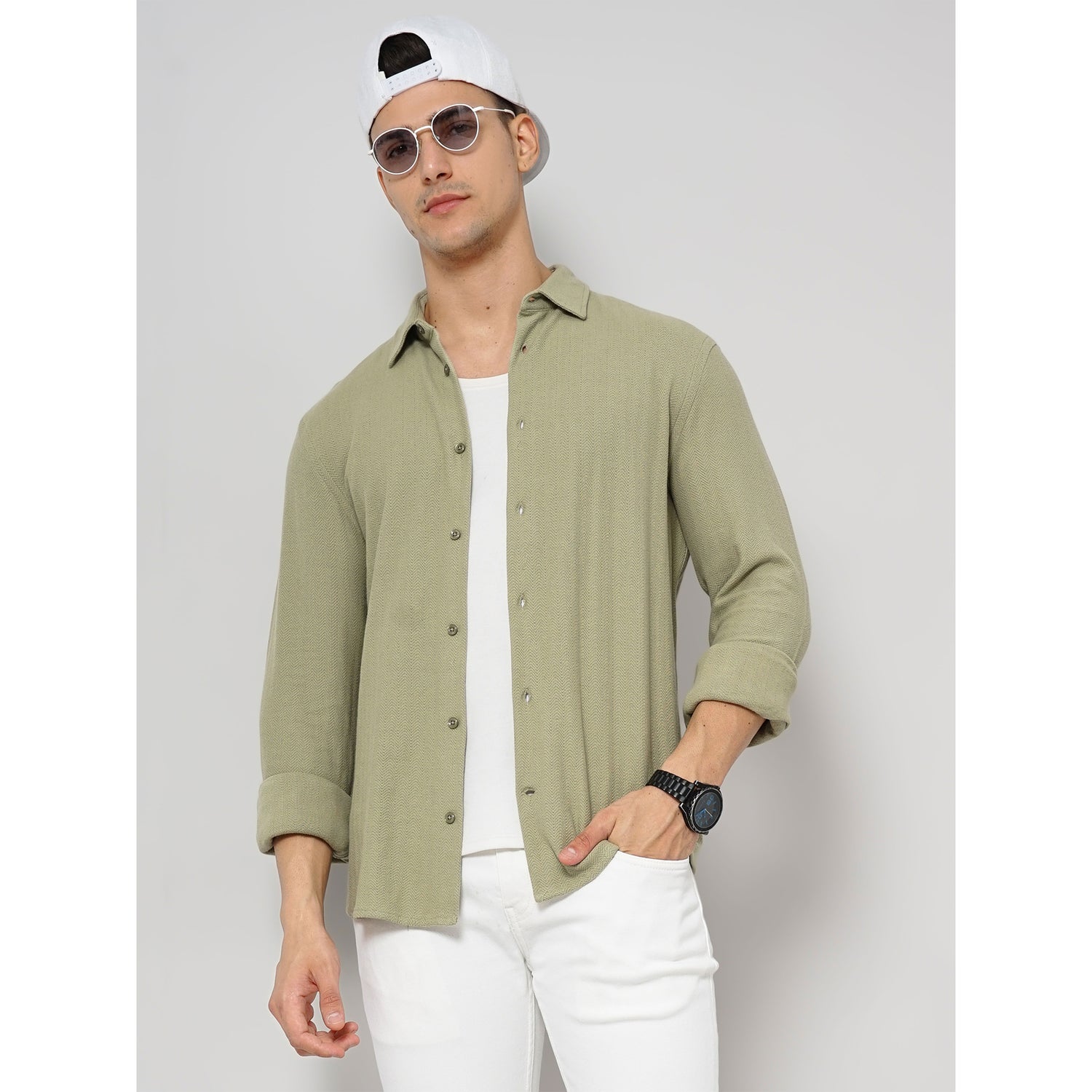 Green Cotton Casual Shirt