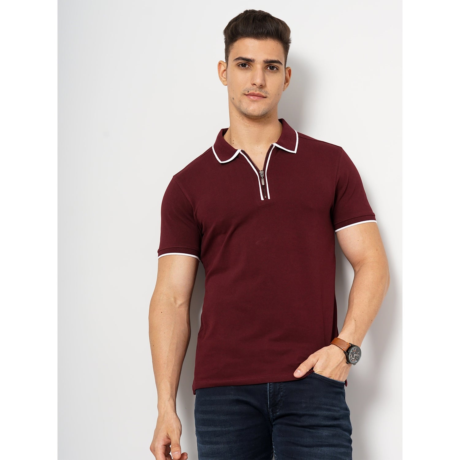 Burgundy Cotton Blend Fashion Polo Tshirt
