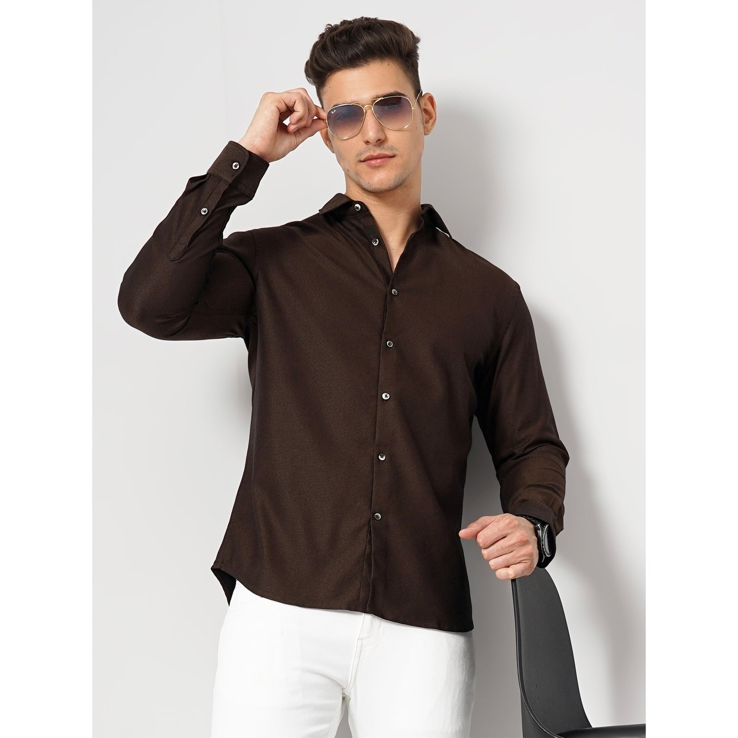 Dark Brown Cotton Blend Casual Shirt