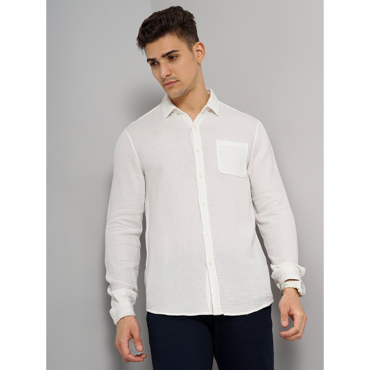 White Cotton Double Cloth Shirt