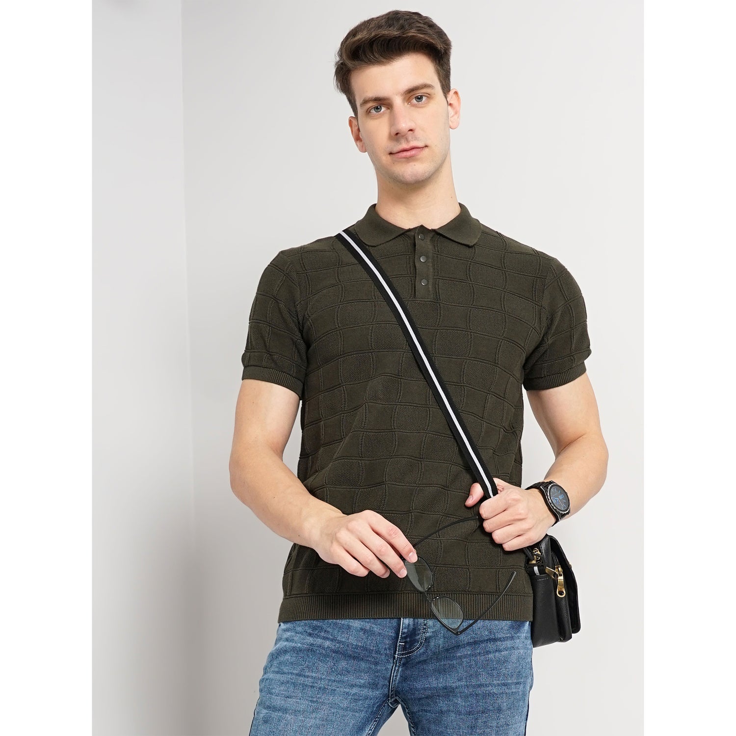 Olive Cotton Textured Polo Tshirt