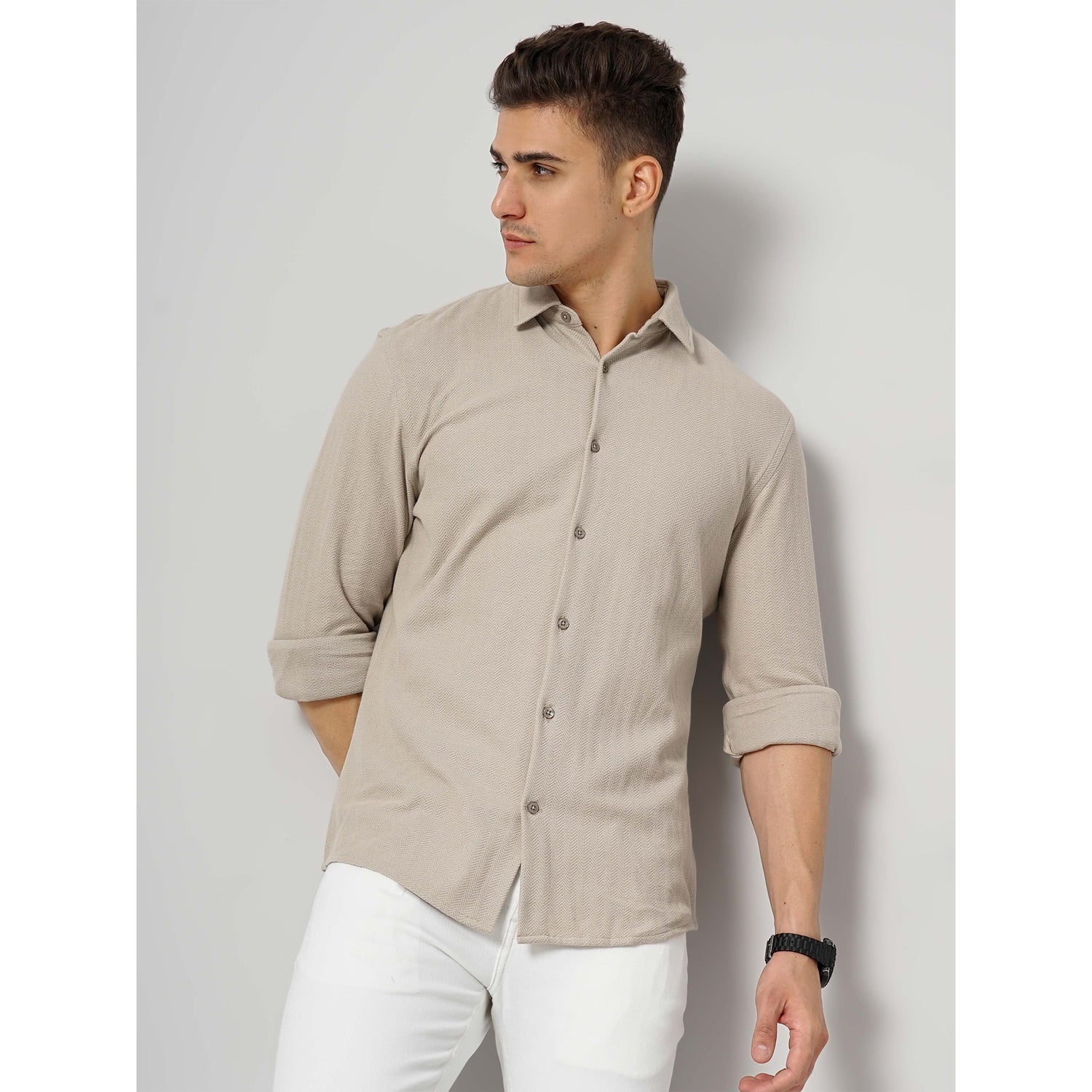 Beige Cotton Casual Shirt