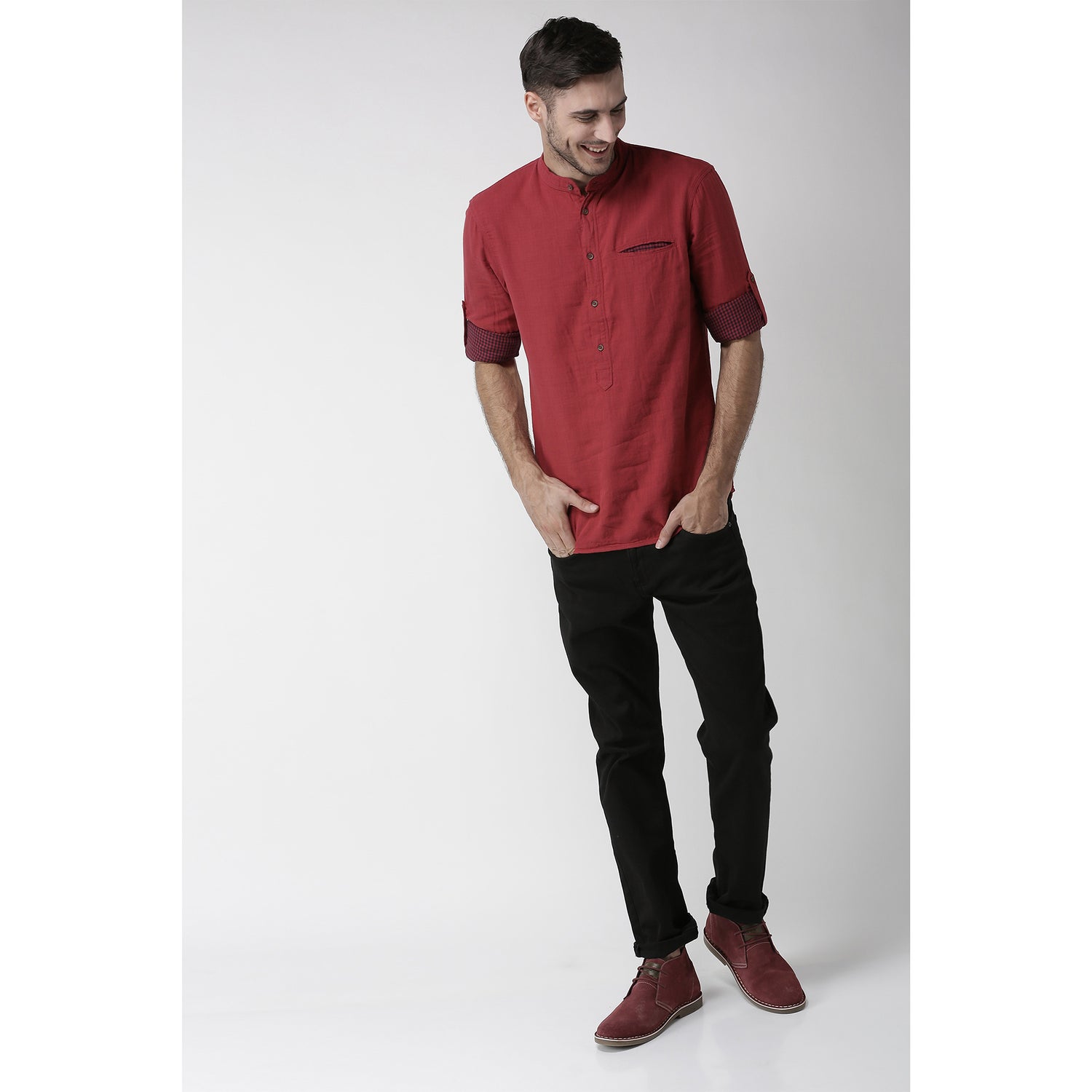 Men's Red Solid Casual Shirts (MADUO)