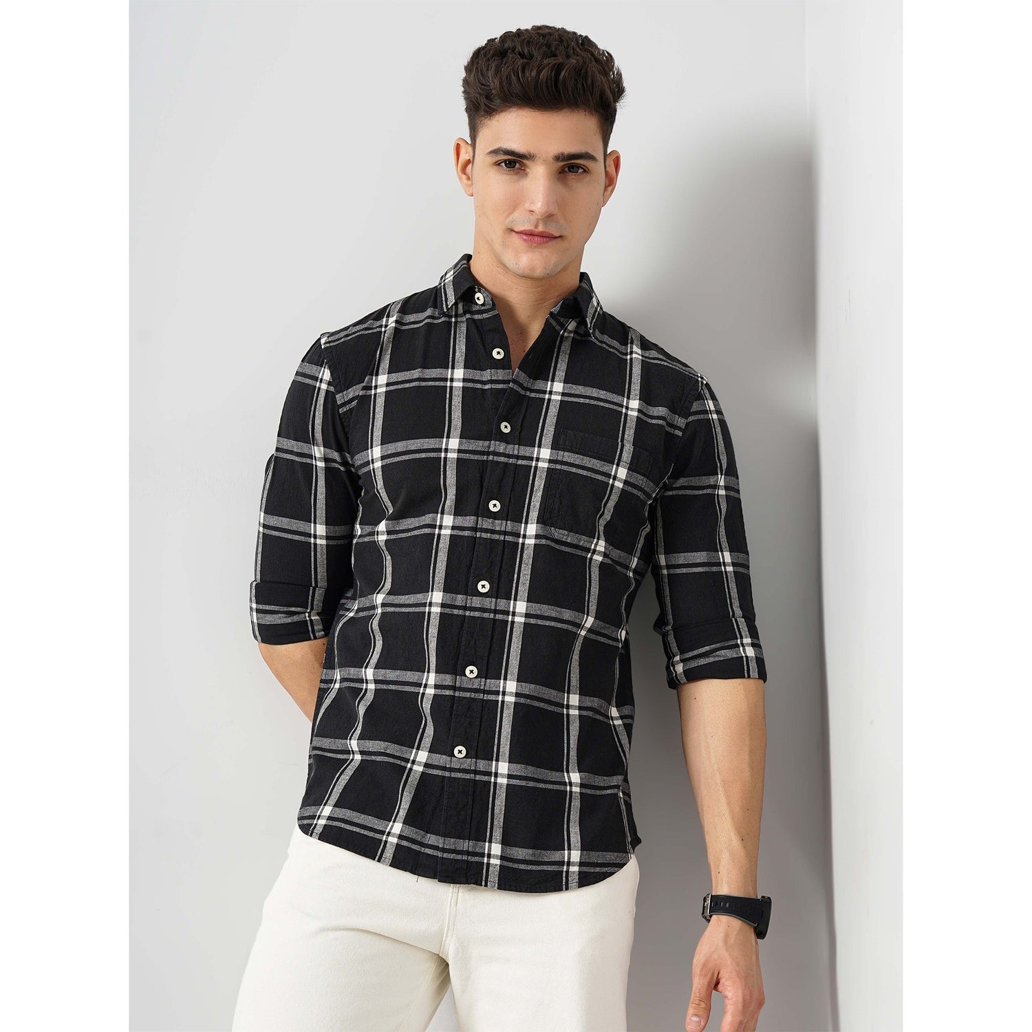 Men's Checked Black Cotton-Linen-Blend Shirt (VAZAR1)