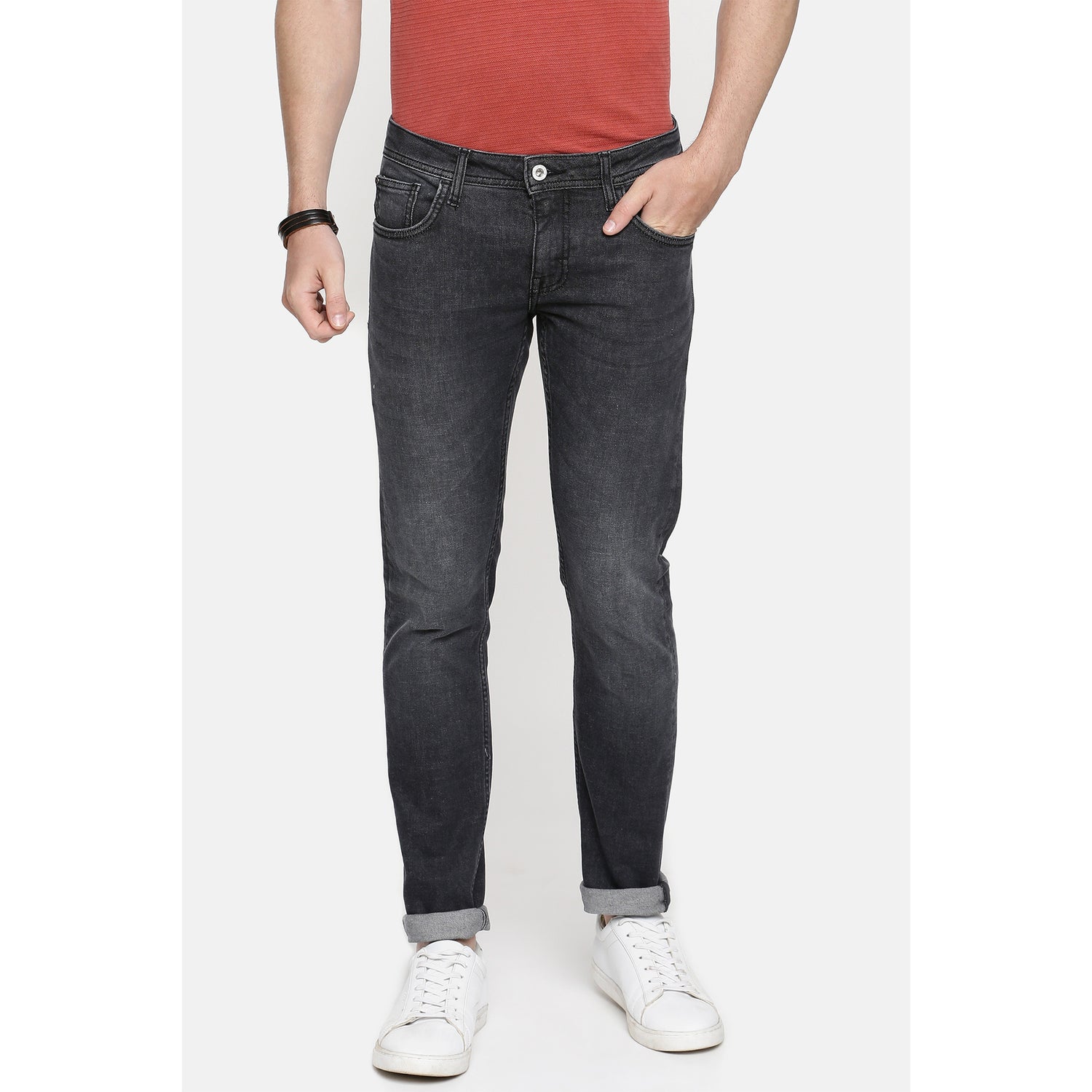 Men's Grey Cotton Blend Solid Slim Jeans (POSLEY45I)
