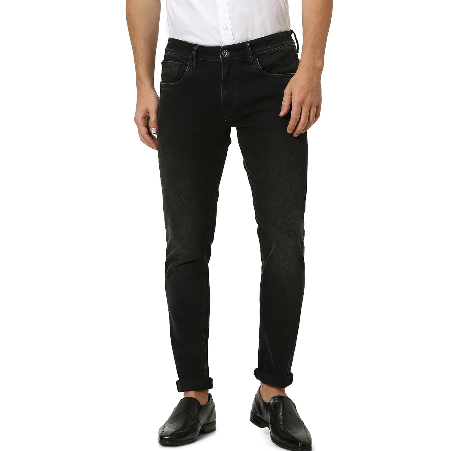 Men's Black Cotton Solid Slim Jeans (POSKLACK45)