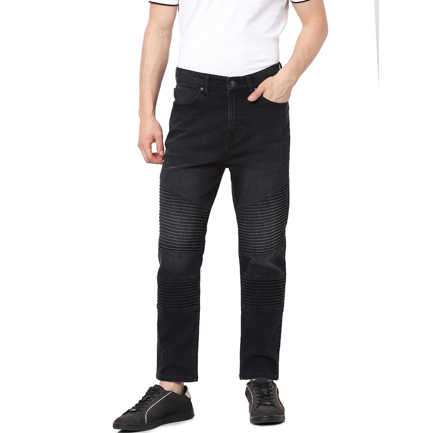 Men's Black Cotton Textured Straight Jeans (BOBIKER2)