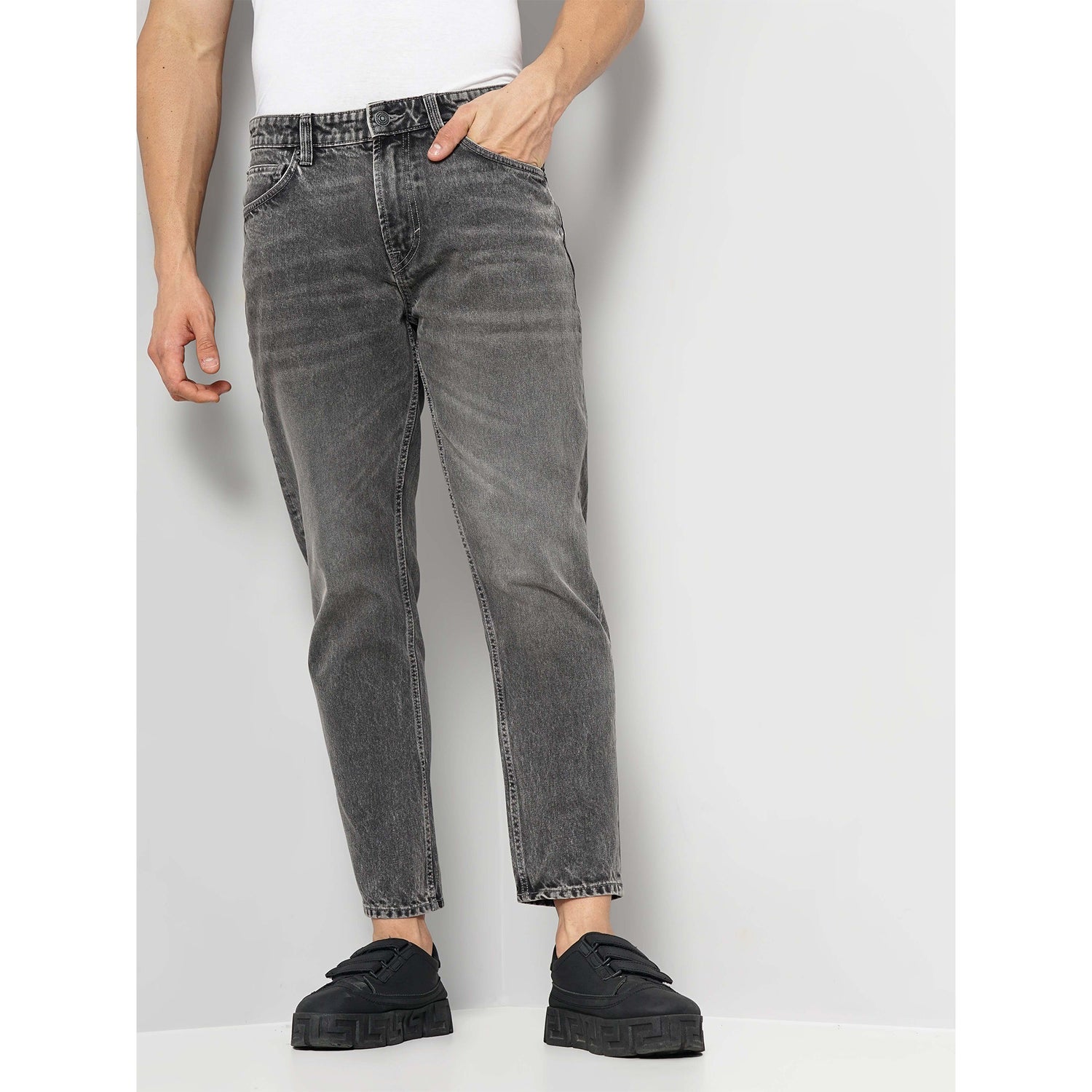 Men's Solid Grey Cotton Regular Jeans (BORELAX)