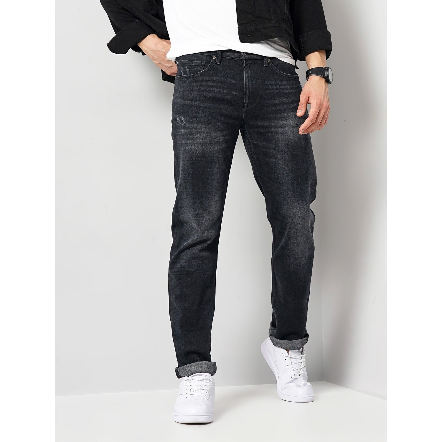 Men's Black Cotton-Blend Solid Regular Jeans (COFLEXI)