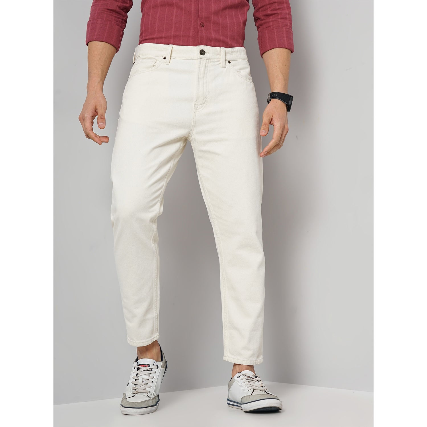 Men's Solid Ecru Cotton Regular Jeans (BORELAX)