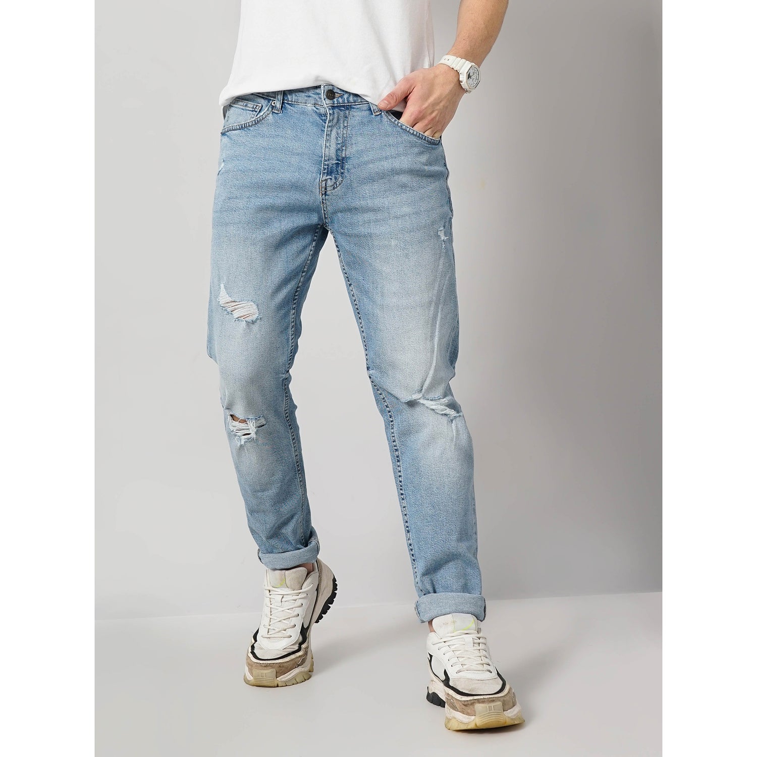 Blue Cotton-Blend Distress Denim Jeans
