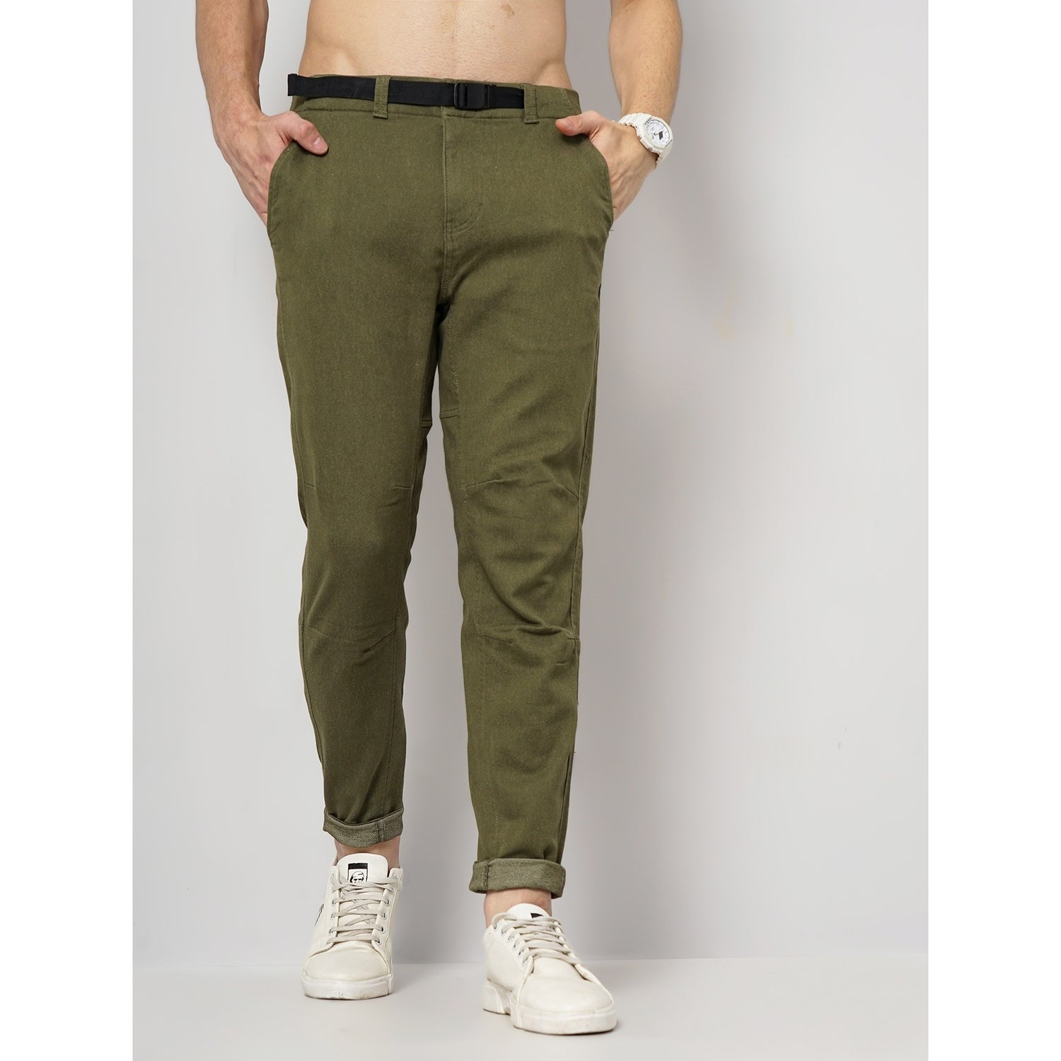 Khaki Cotton-Blend Fashion Pants