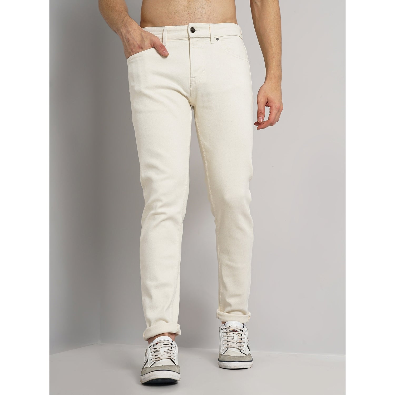 White Cotton-Blend Colored Denim Jeans